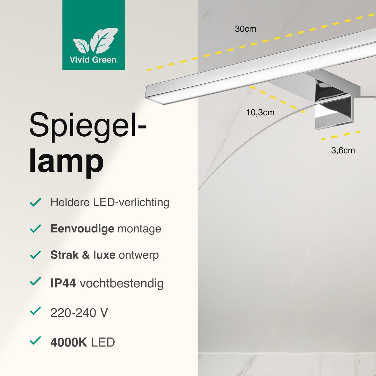 Spiegellamp met LED-verlichting, afm. 30x10,3x3,6cm, IP44, 4000K.