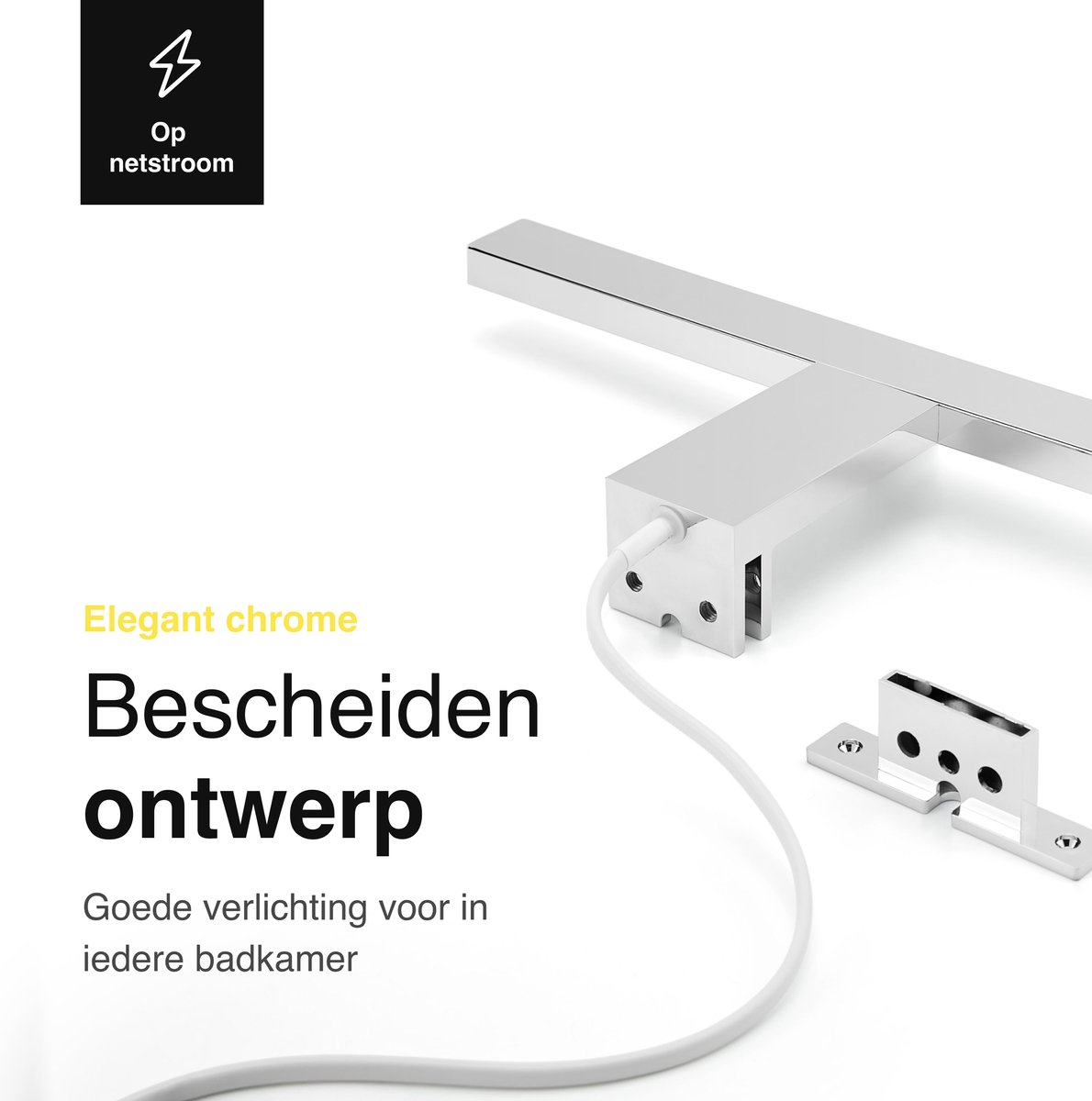 Elegante chroom spiegel met snoer en beugel. Tekst: Op netstroom.