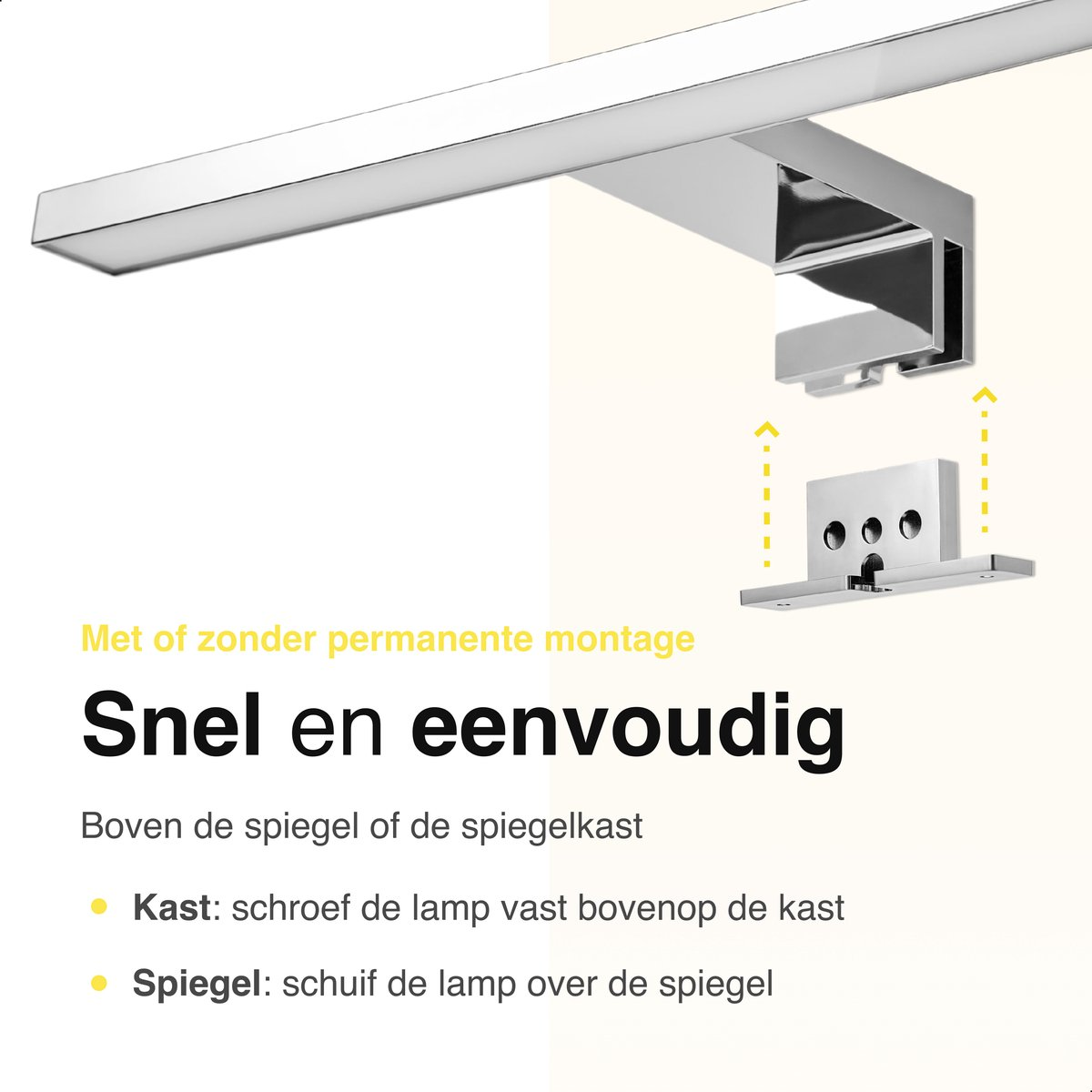 Een zilveren lamp met montagebeugel. Eenvoudige montage boven of op spiegel.