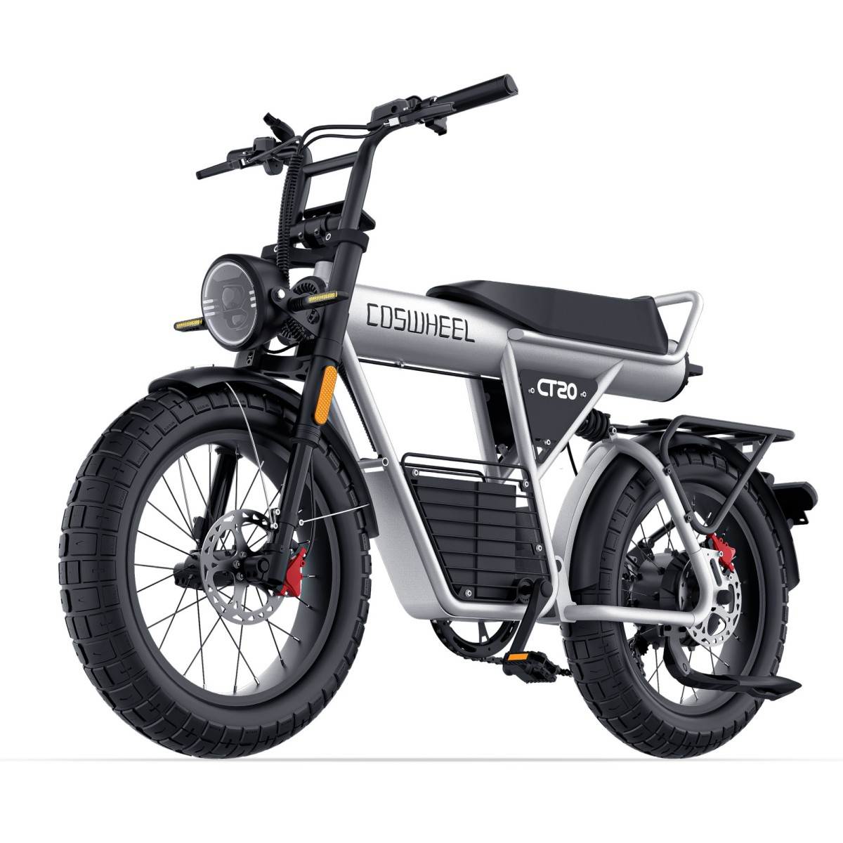 Srebrny e-bike z grubymi oponami, czarnym siodełkiem i okrągłym reflektorem.