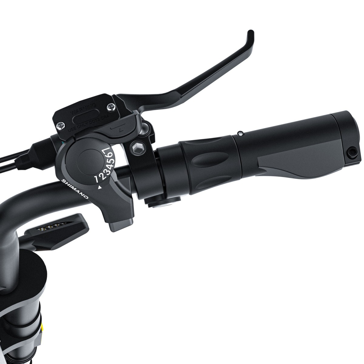 Kierownica roweru z dźwignią hamulca i przerzutką Shimano.