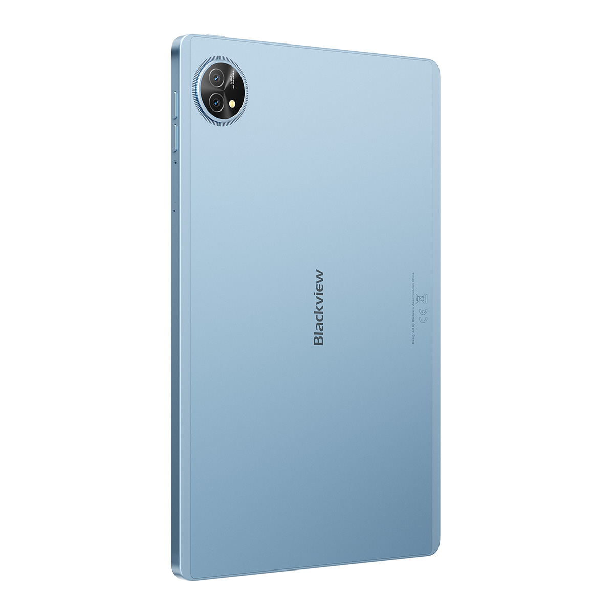 Un tablet azzurro con doppia fotocamera posteriore e logo Blackview.