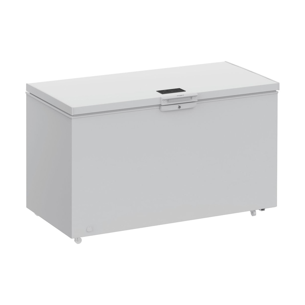 Un congelatore a pozzetto bianco con display digitale sul coperchio.