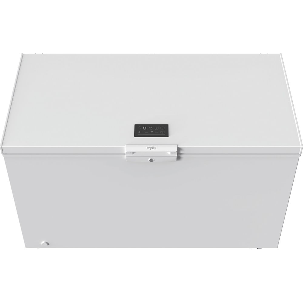 Un congelatore a pozzetto bianco con display digitale e logo Whirlpool.