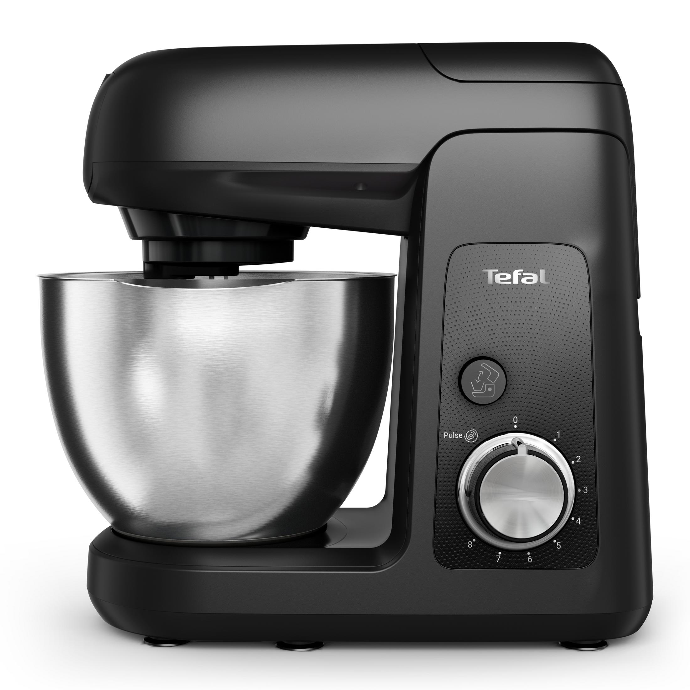 Schwarzer Küchenmixer von Tefal mit Edelstahlschüssel und Geschwindigkeitsregler.