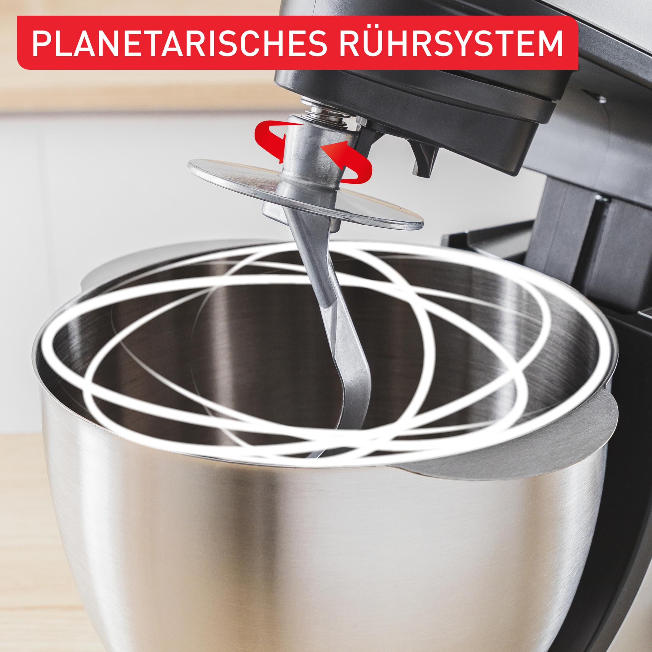 Küchenmaschine mit planetarischem Rührsystem, silberner Schüssel und Haken.