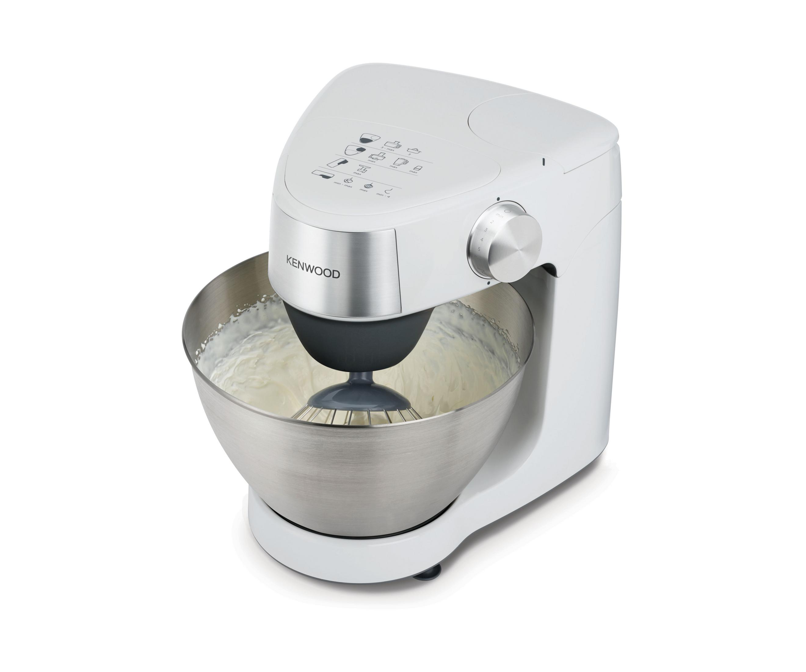 Una planetaria Kenwood bianca con ciotola in acciaio inox contenente panna.