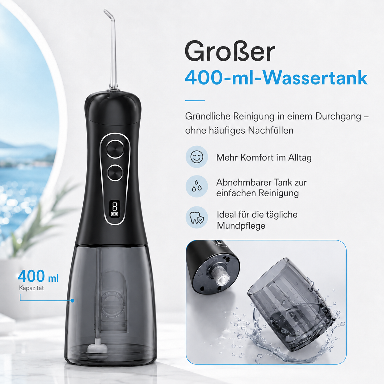 Schwarzer elektrischer Mundduschen-Wasserbehälter mit 400 ml Kapazität, Nahaufnahme.