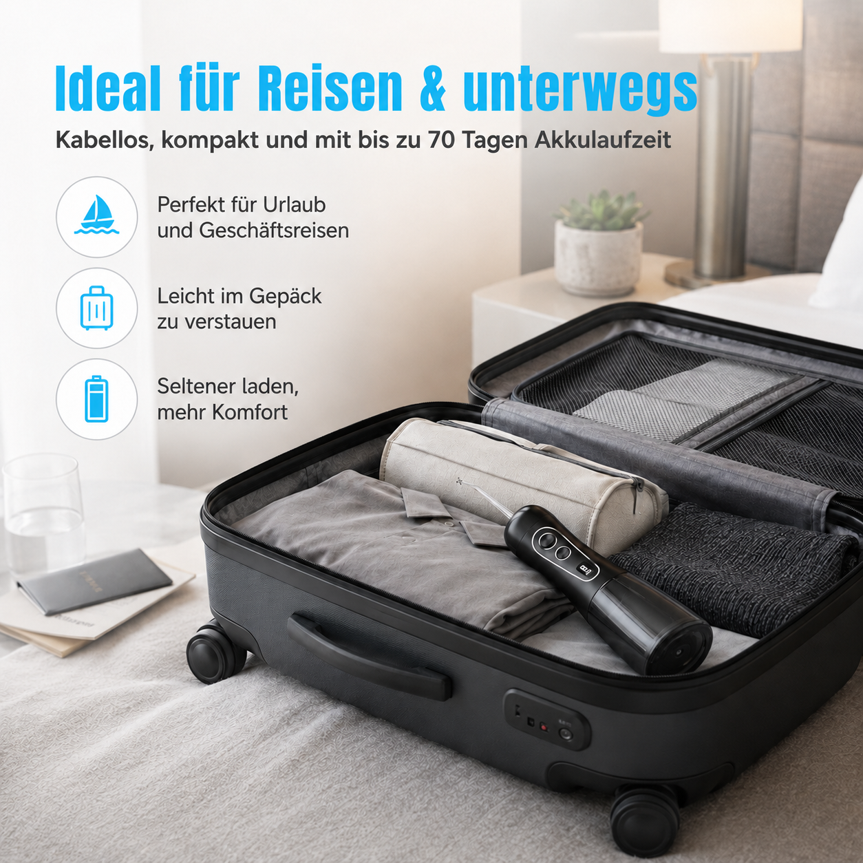 Geöffneter schwarzer Koffer, gepackt mit Kleidung und einem schwarzen Mundduschen.