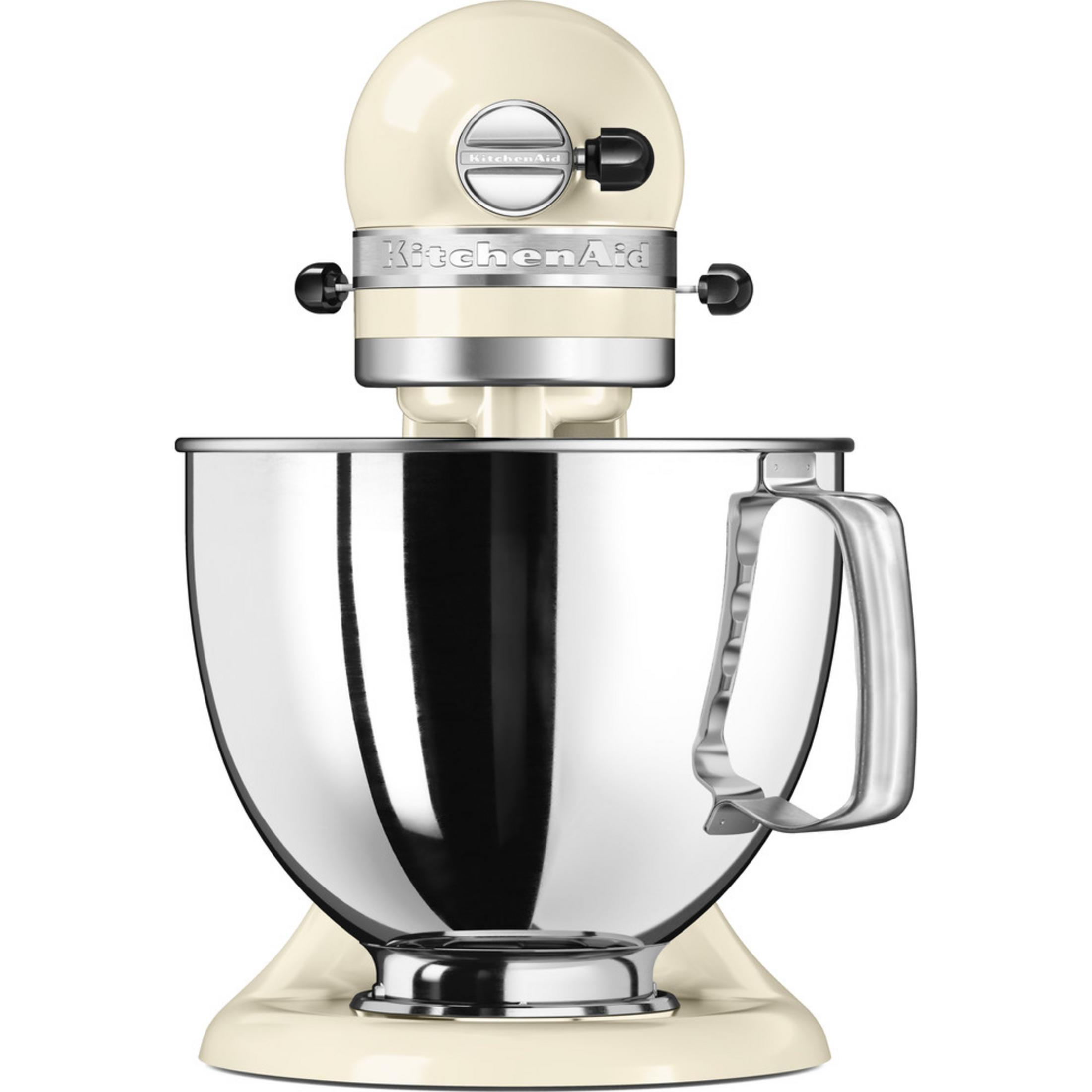 Kremowy robot kuchenny z misą ze stali nierdzewnej i srebrnym logo.
