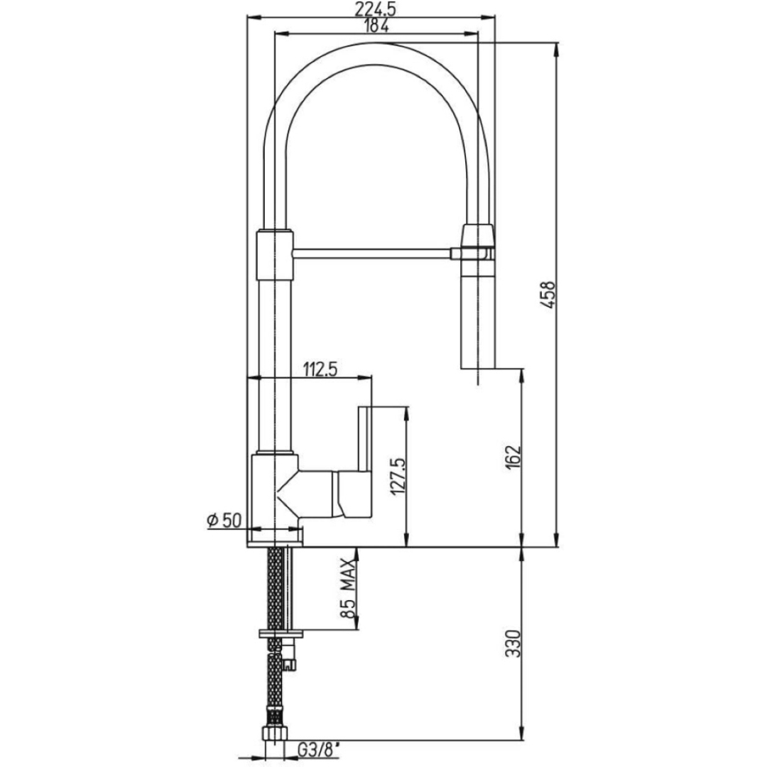 Disegno tecnico di un rubinetto con dimensioni. Mostra altezza e larghezza.
