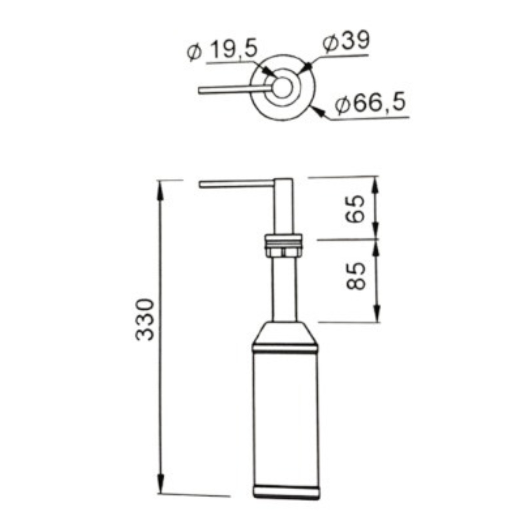 Disegno tecnico di un dispenser di sapone con dimensioni.