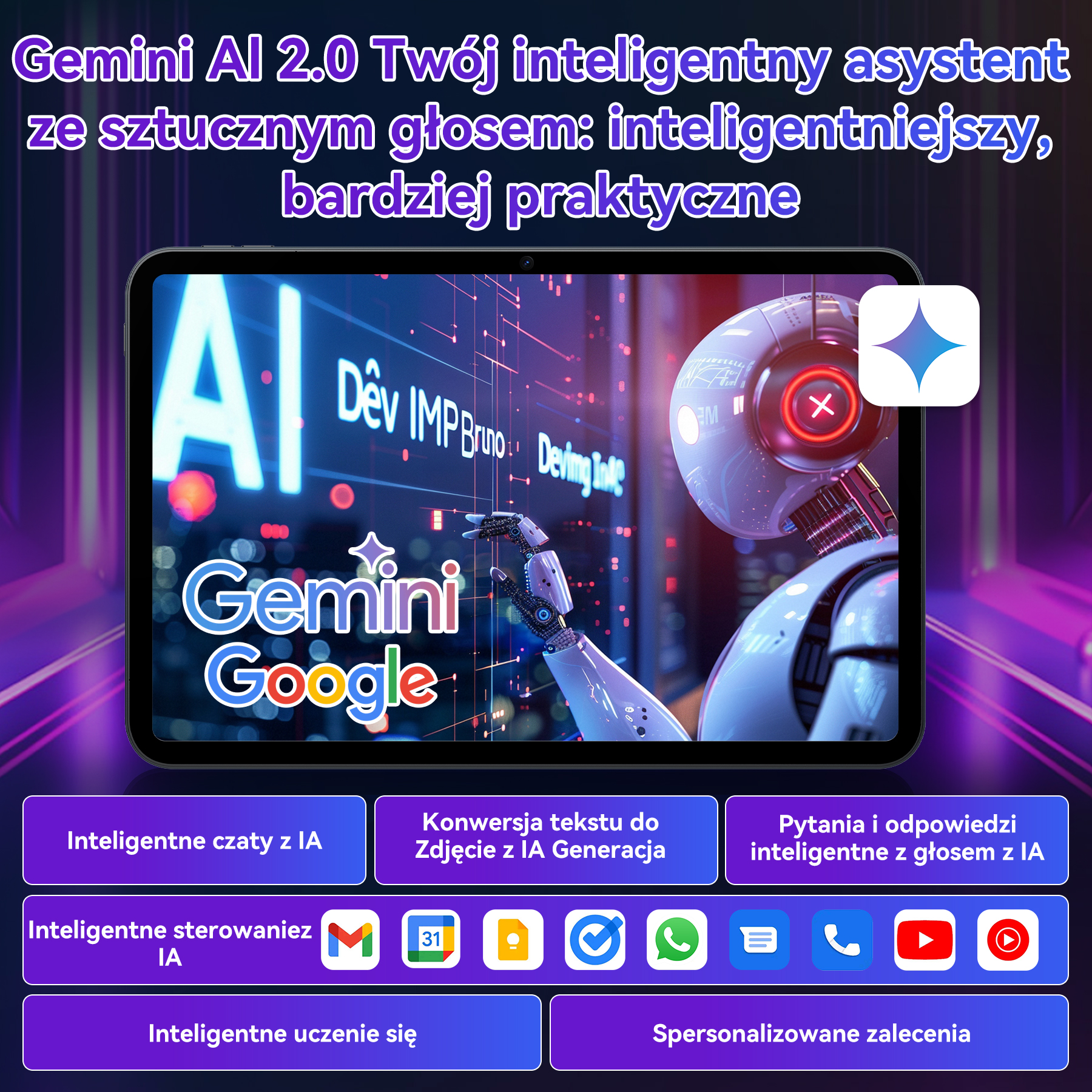 Tablet wyświetla robota i logo Gemini Google. Wymieniono funkcje AI.