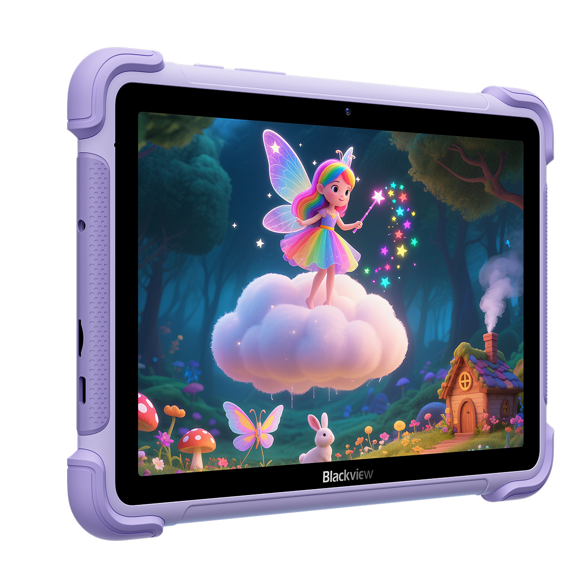 Fioletowy tablet pokazuje wróżkę na chmurze w magicznym lesie z małym domkiem.