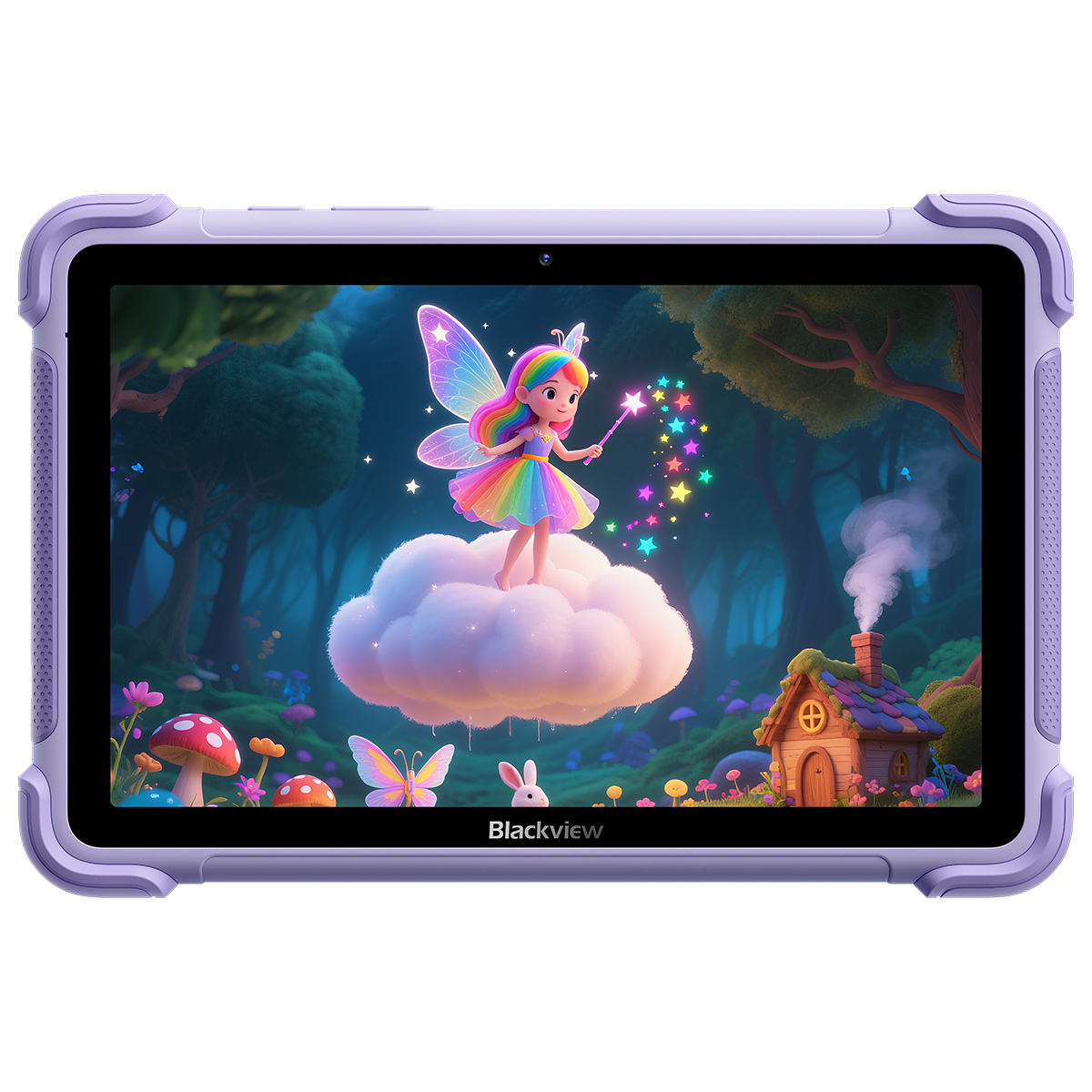 Fioletowy tablet pokazuje wróżkę na chmurze trzymającą różdżkę z gwiazdami w lesie.