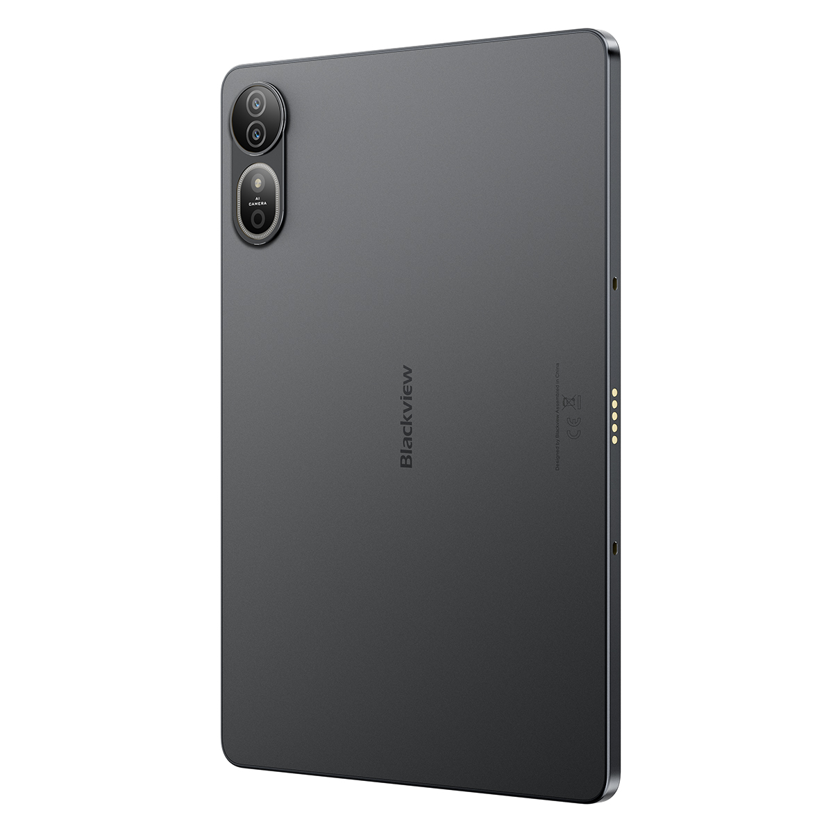 Un tablet scuro con modulo fotocamera posteriore e logo Blackview.