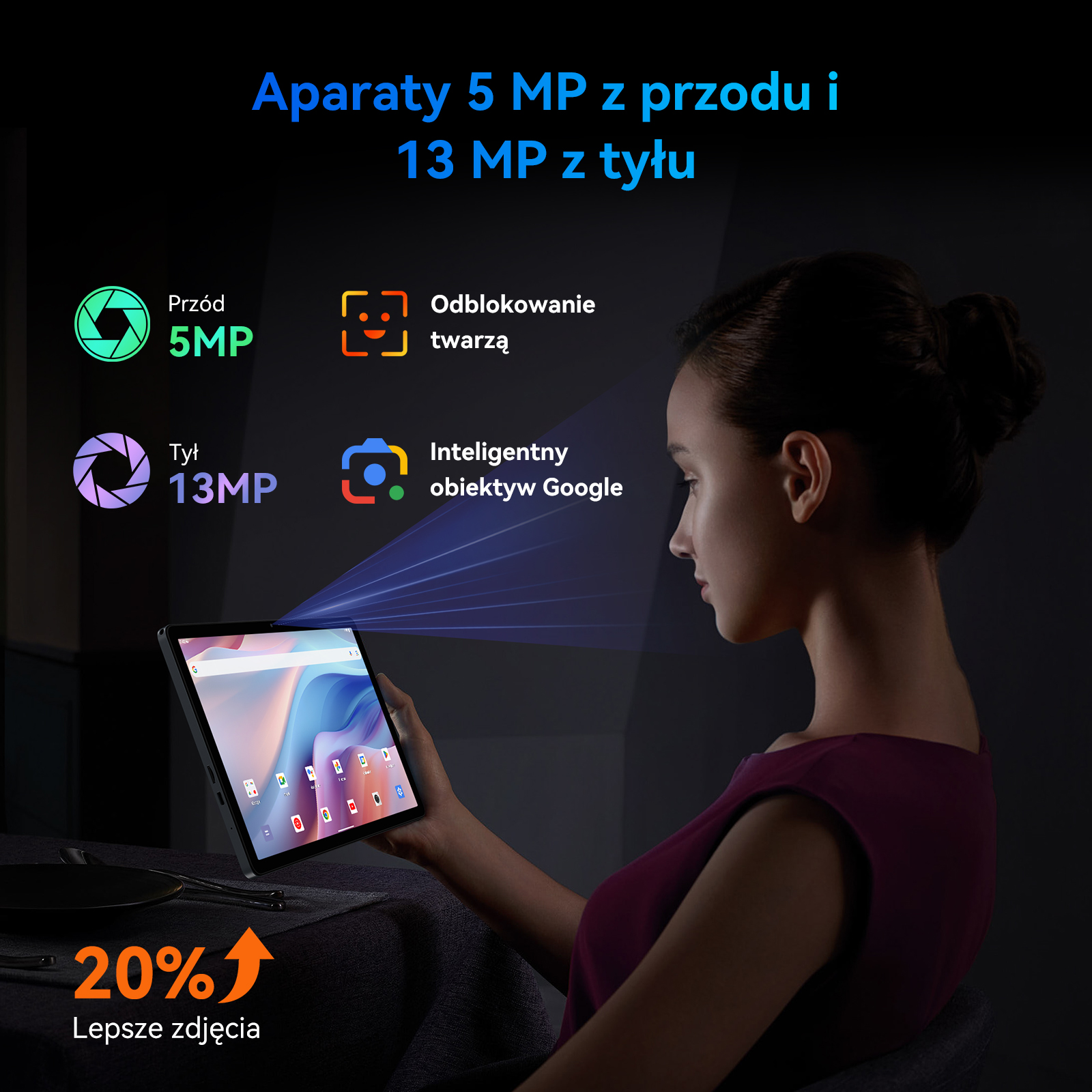 Kobieta trzyma tablet z aparatem przednim 5MP i tylnym 13MP.