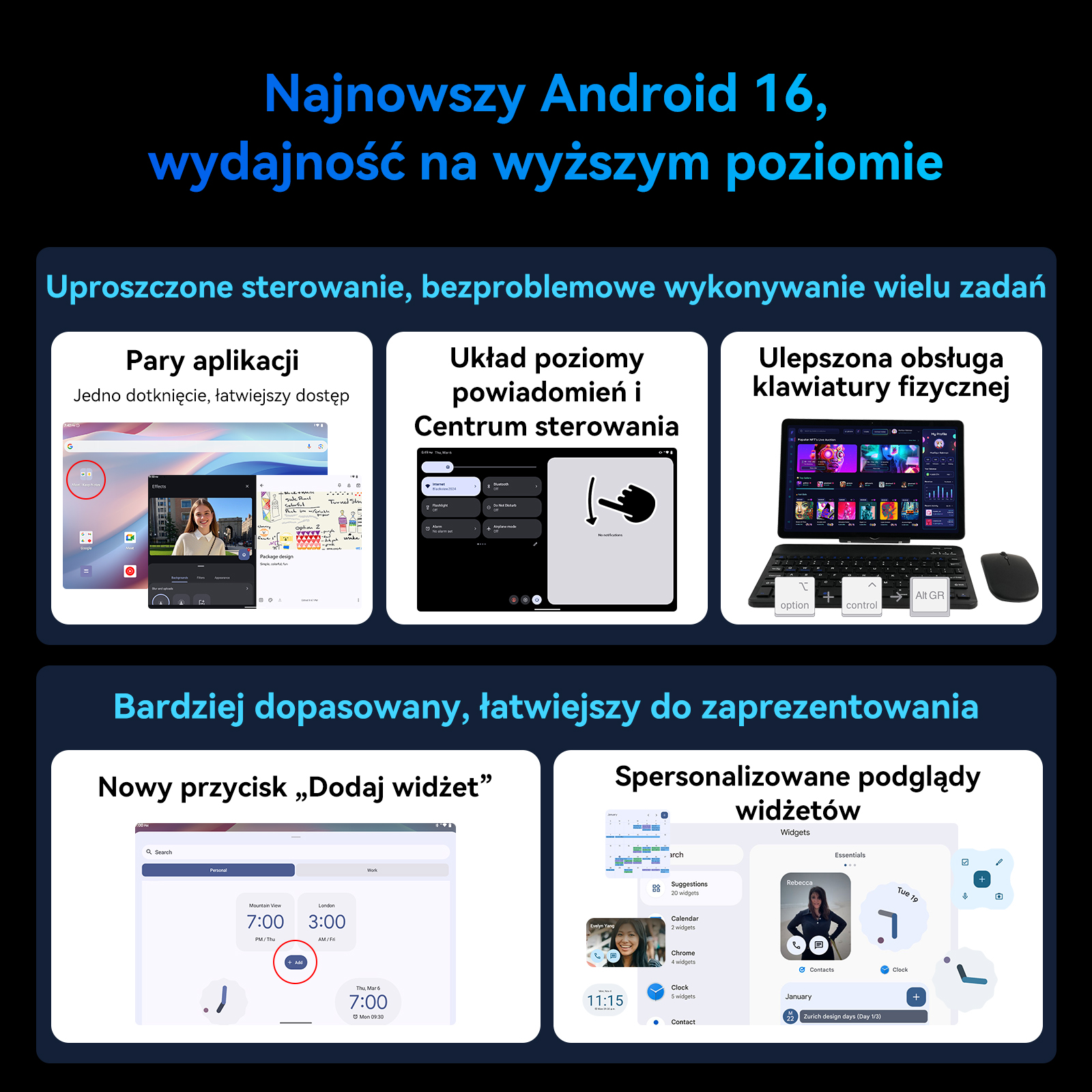Android 16 z poziomym centrum sterowania i obsługą klawiatury fizycznej.
