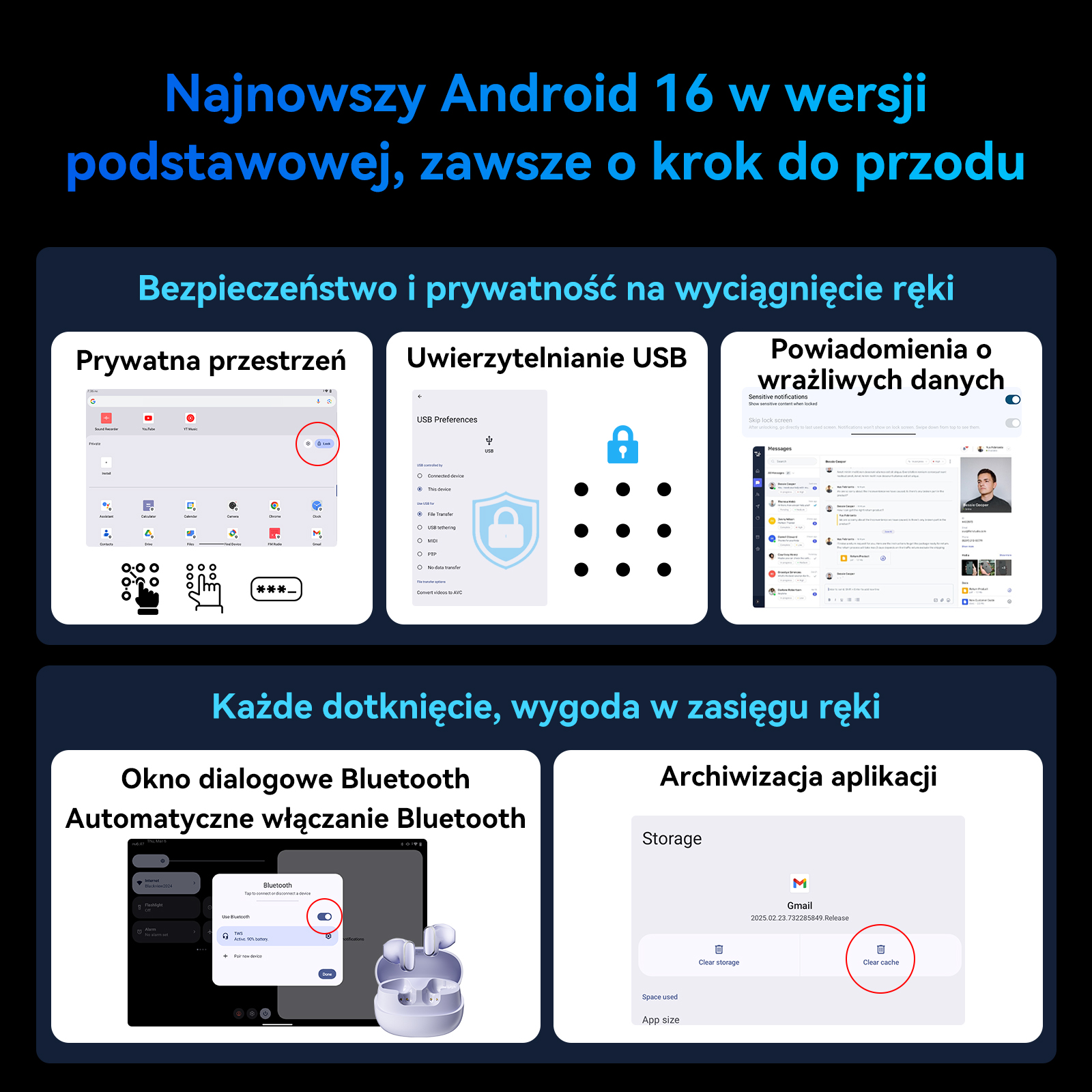 Zrzuty ekranu Android 16: Prywatna przestrzeń, USB, powiadomienia, Bluetooth, archiwum.