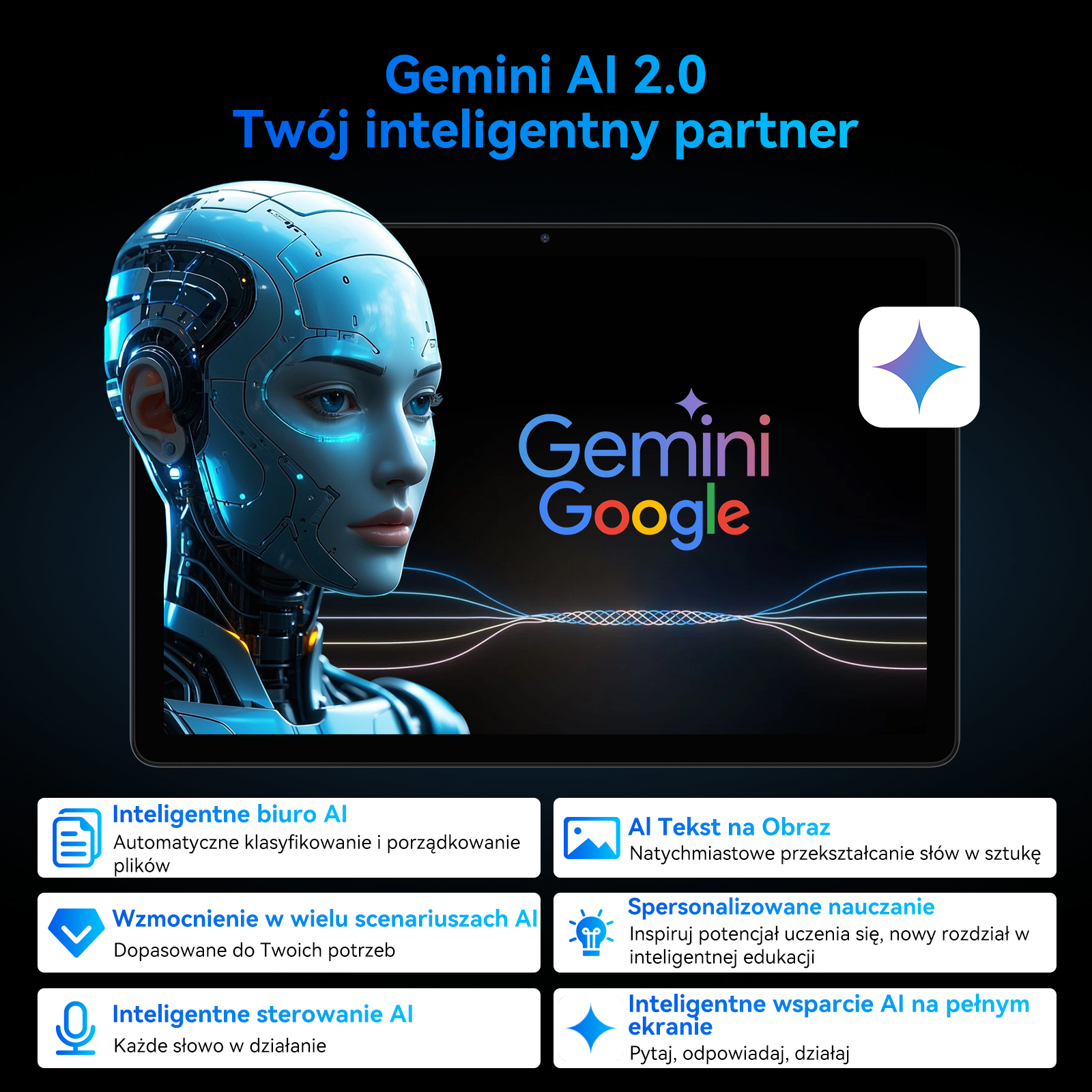 Interfejs AI z twarzą robota i tekstem o Gemini AI.