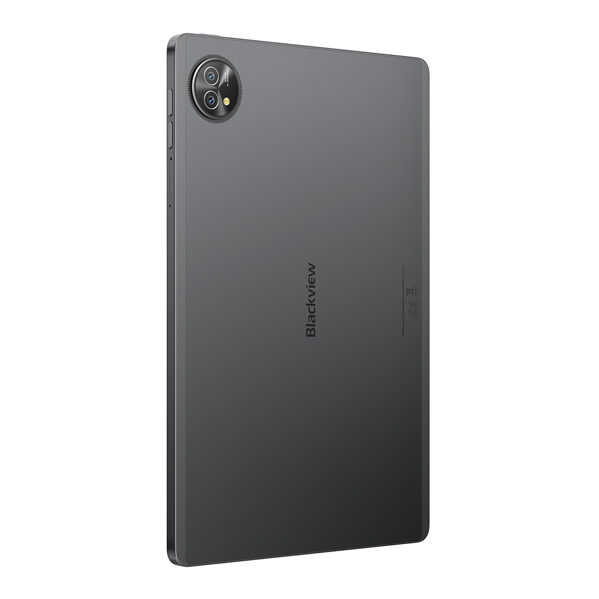 Retro di un tablet grigio Blackview con due fotocamere e logo.