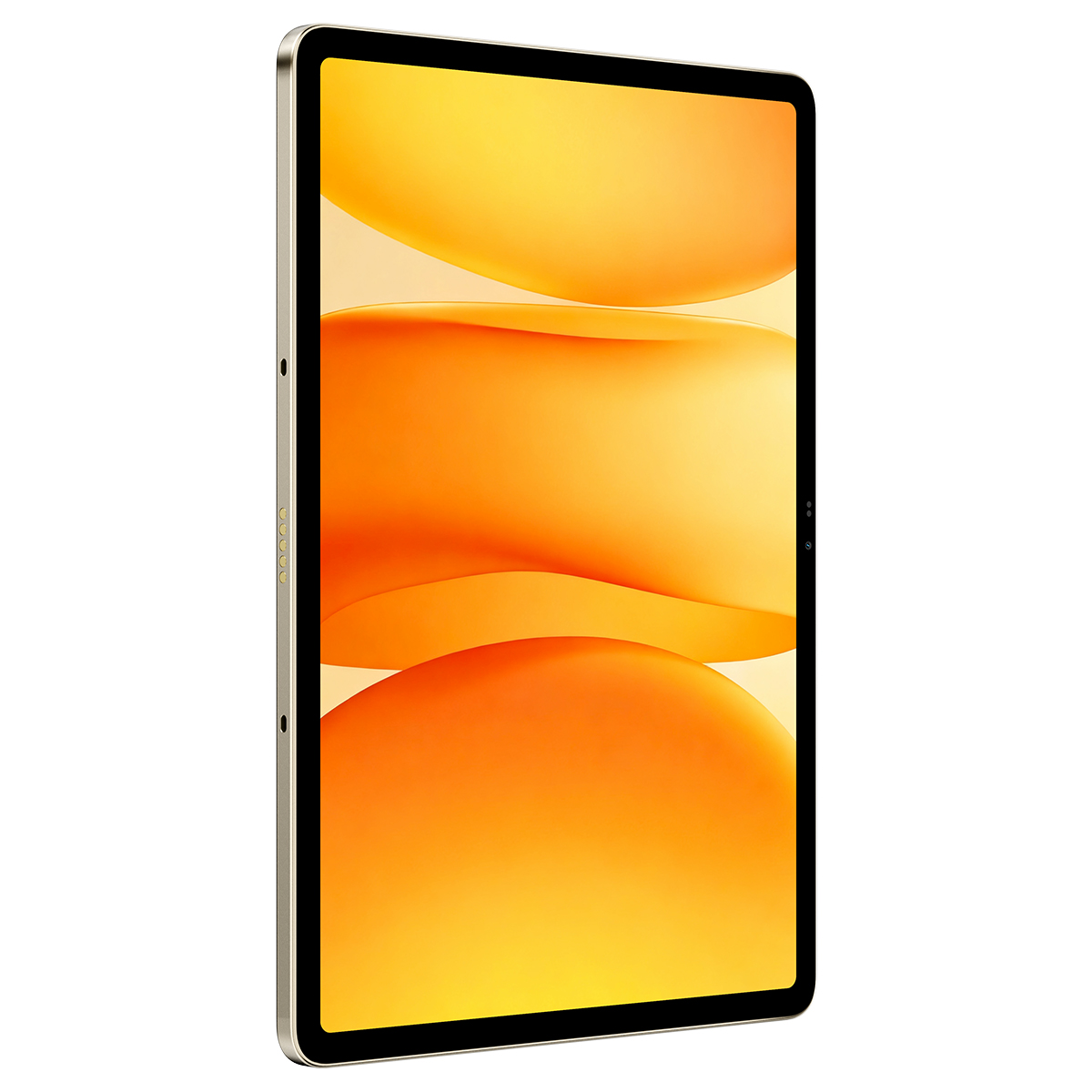 Un tablet d'argento mostra uno sfondo giallo-arancio sullo schermo.