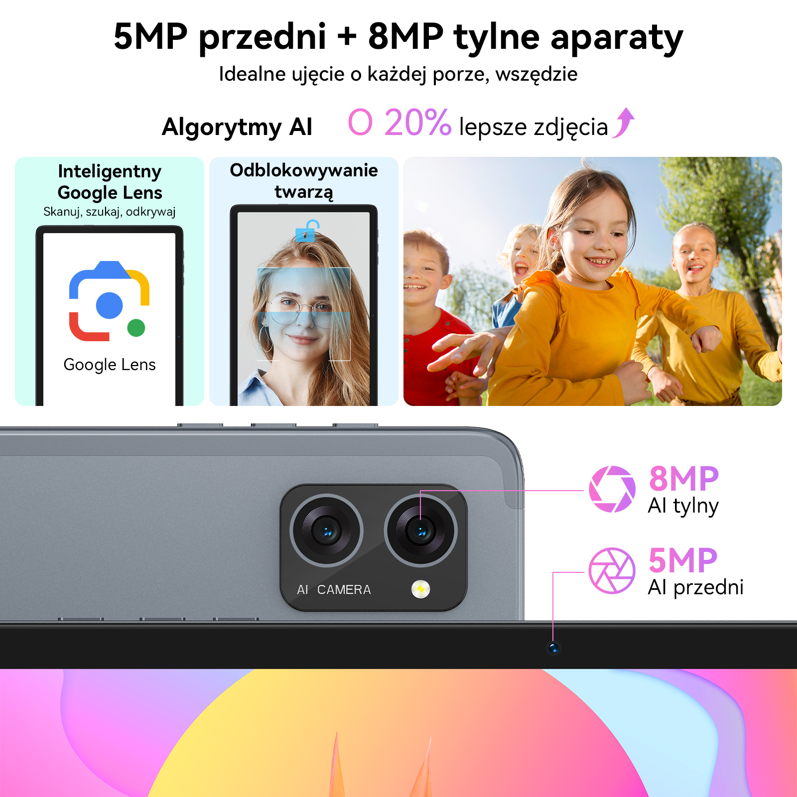 Reklama tabletu ze specyfikacją aparatu i zdjęciami dzieci.