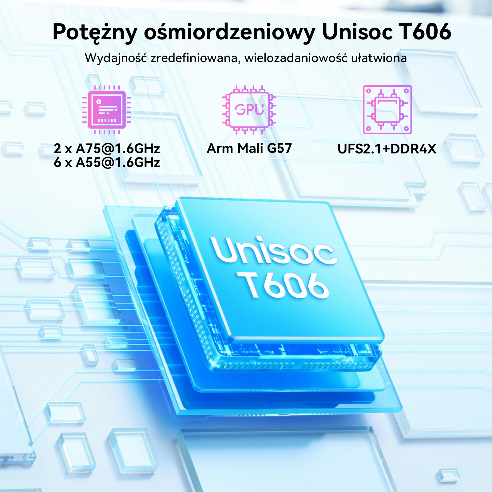 Ośmiordzeniowy chip Unisoc T606 ze szczegółami GPU i pamięci.