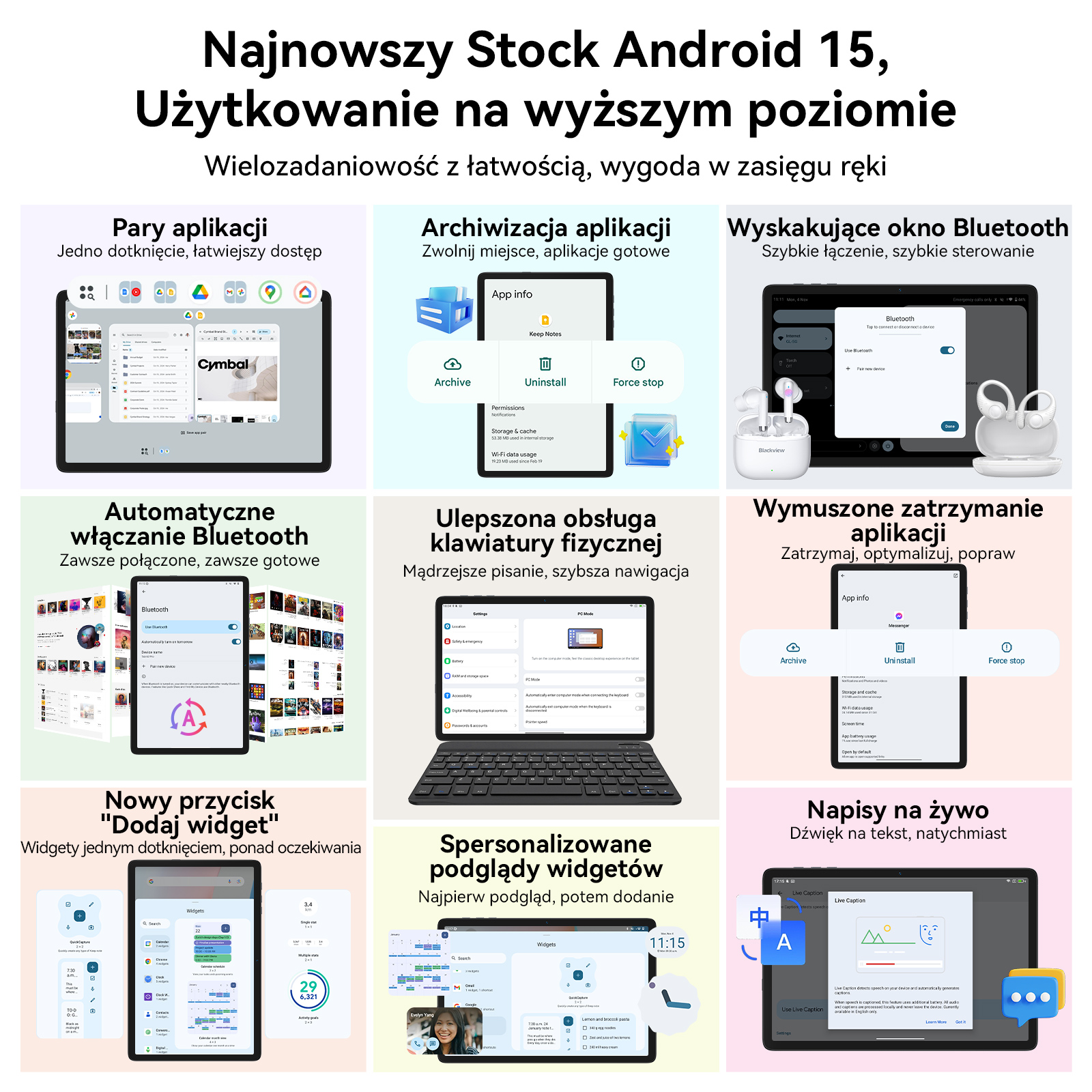 Przegląd funkcji Stock Android 15: pary aplikacji, archiwizacja, Bluetooth, klawiatura, widżety, napisy na żywo.