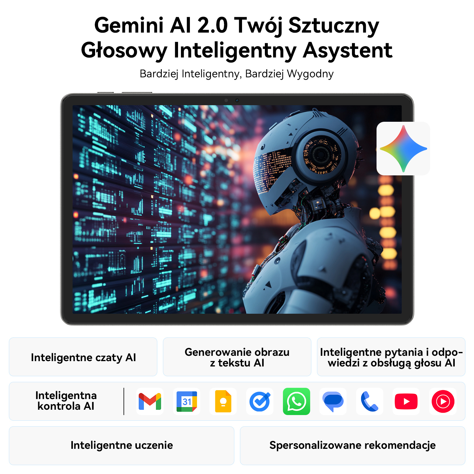 Tablet pokazuje robota na cyfrowym tle. Wymieniono funkcje AI.