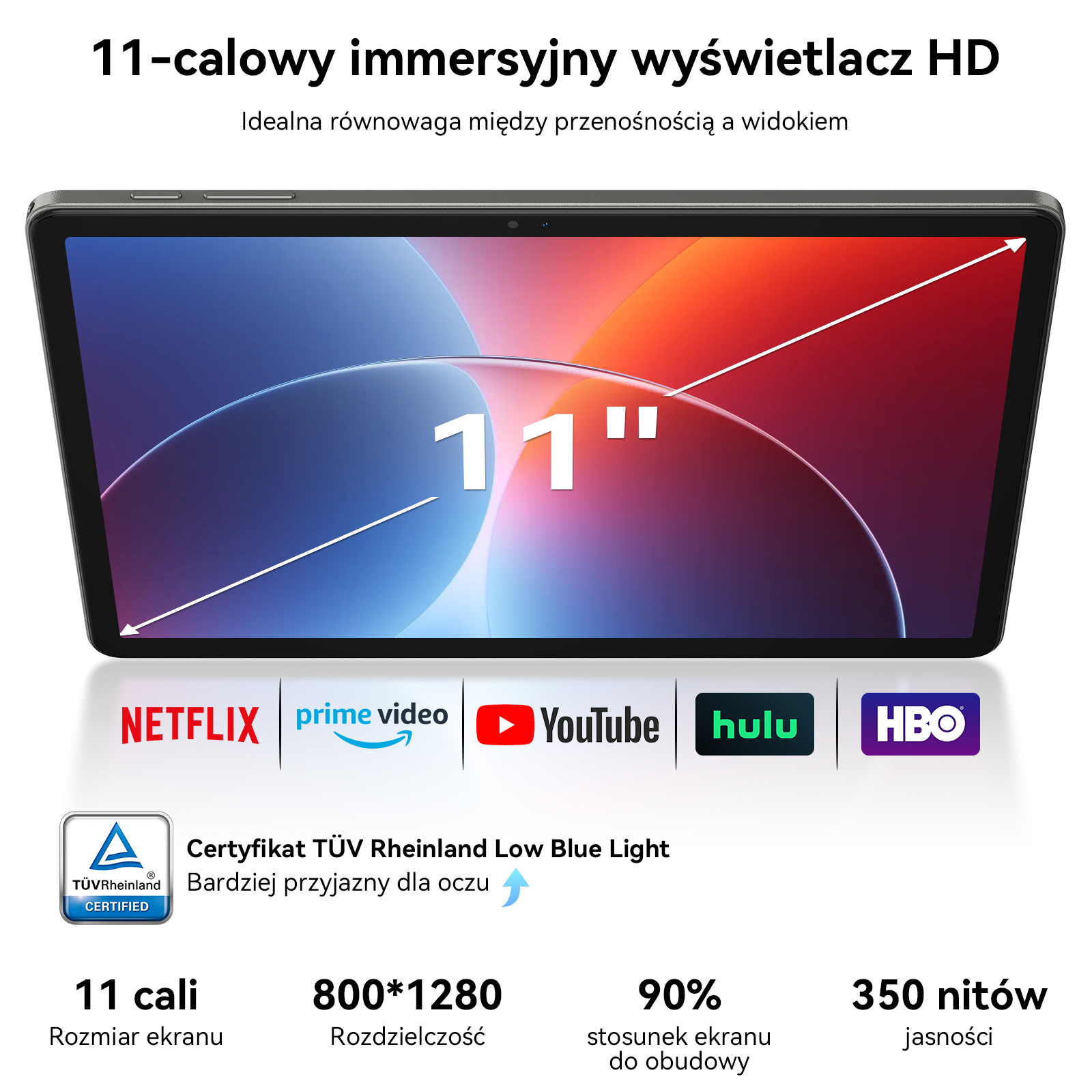 Tablet z ekranem HD 11 cali, Netflix, Prime Video, YouTube, Hulu, HBO. Certyfikat TÜV.