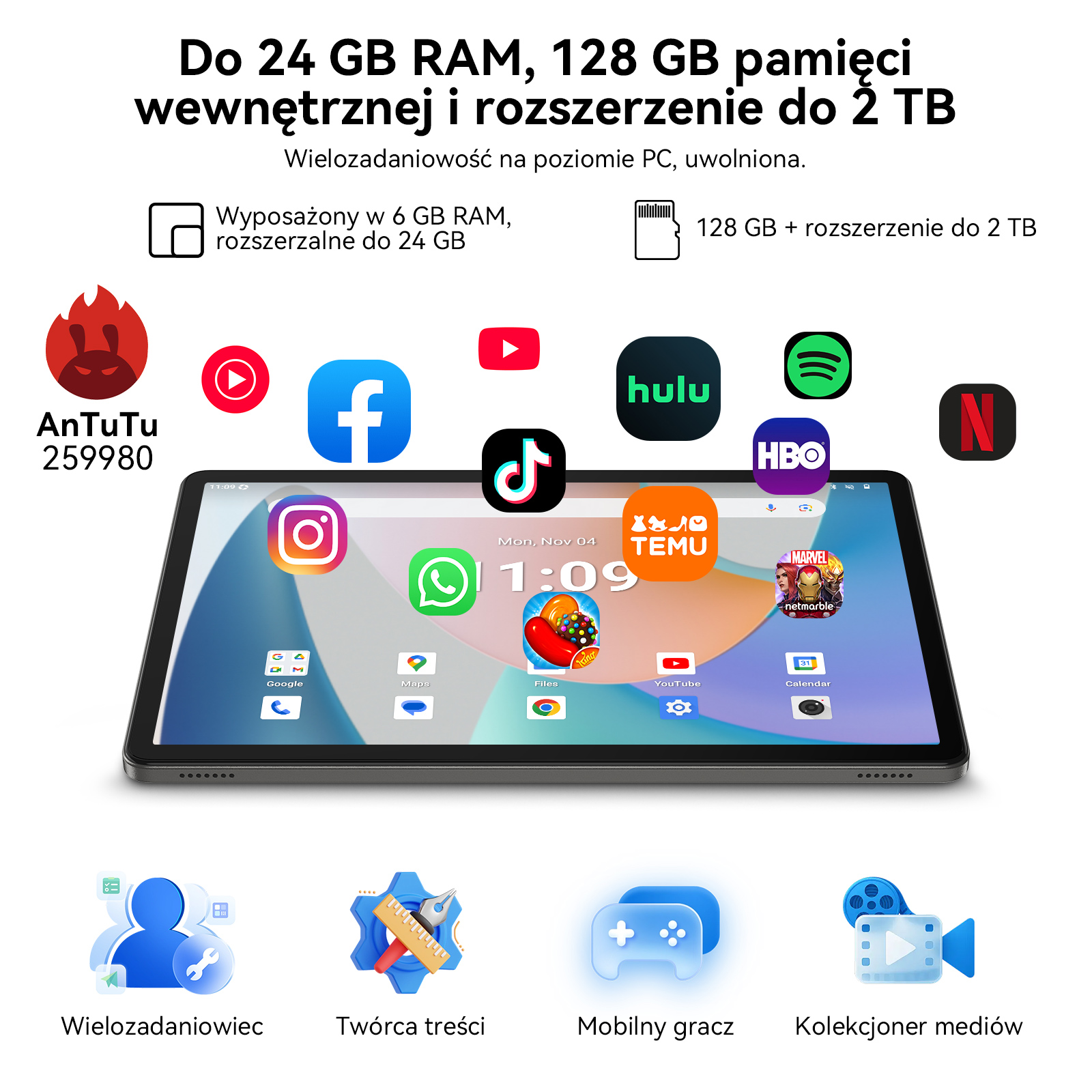 Tablet wyświetla aplikacje: Facebook, YouTube, TikTok, Hulu, Spotify, Netflix, HBO, Instagram, WhatsApp, Google, Mapy, Pliki, YouTube, Kalendarz.