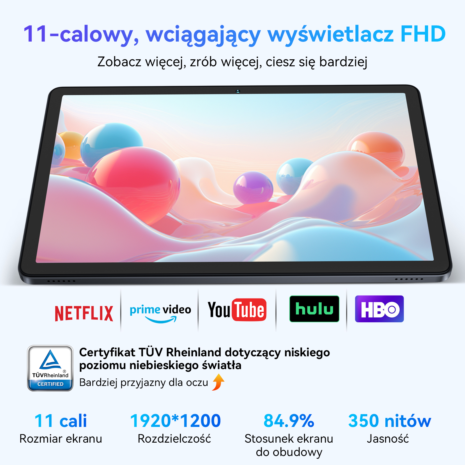 11-calowy tablet z wyświetlaczem FHD pokazujący kolorowe kule. Loga Netflix, Prime Video, YouTube, Hulu, HBO.