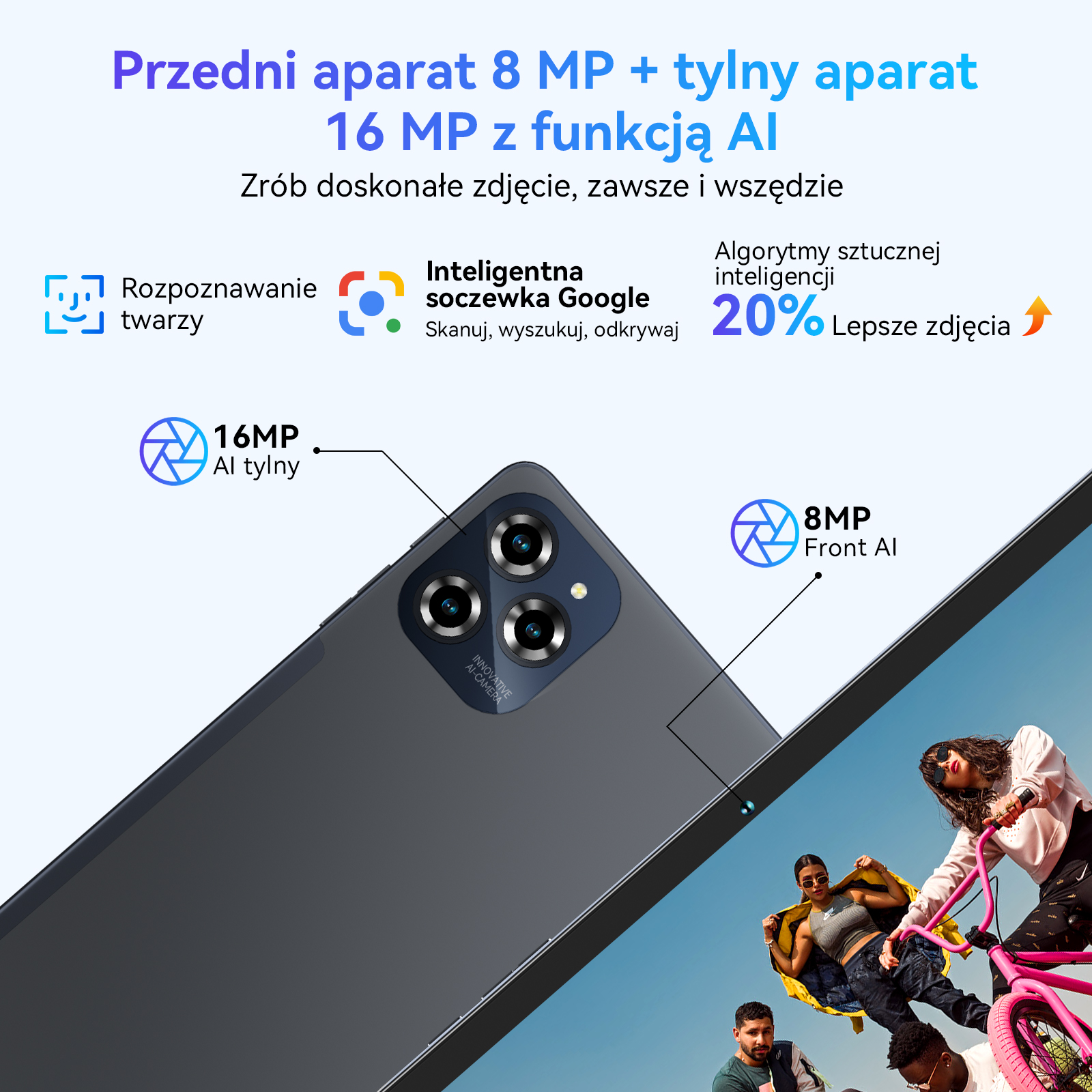 Smartfon z aparatem 8MP z przodu i 16MP z tyłu, AI, rozpoznawanie twarzy, Google Lens.