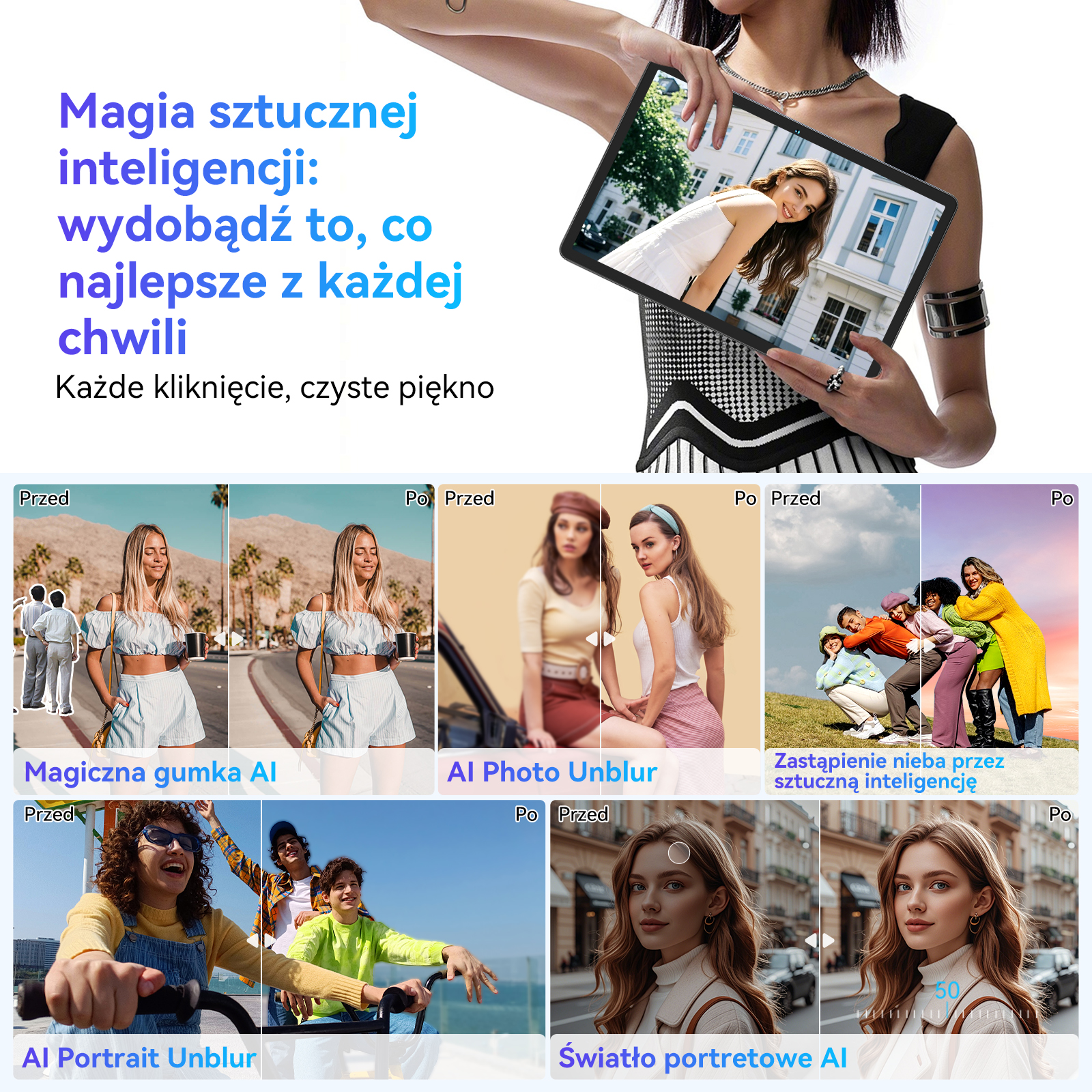 Reklama edycji zdjęć AI z obrazami przed i po przedstawiającymi ludzi i krajobrazy.