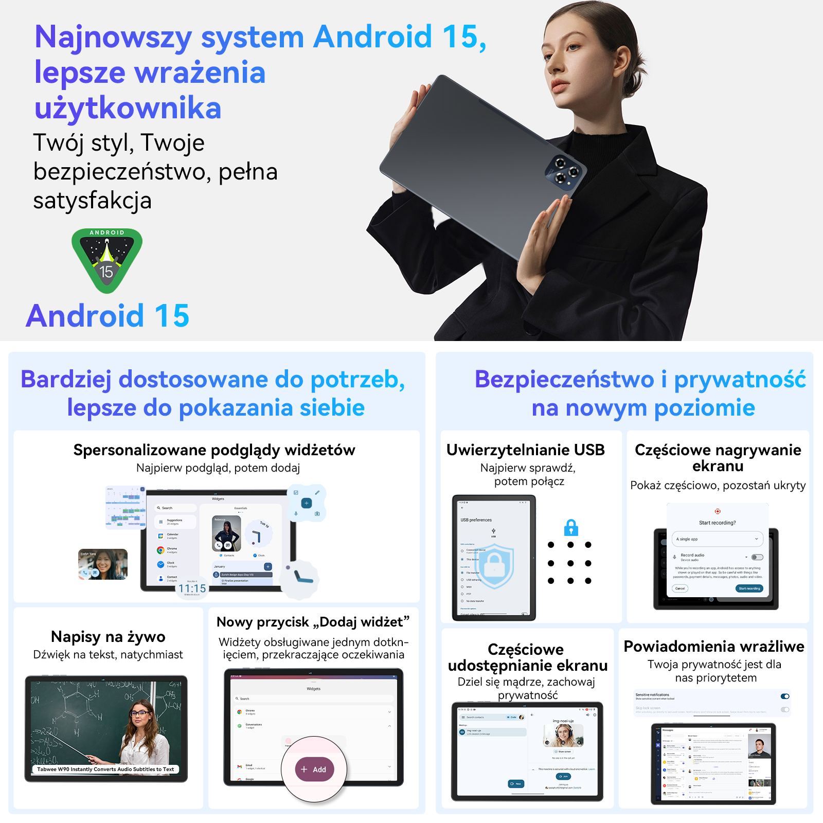 Kobieta trzyma tablet z systemem Android 15. Zrzuty ekranu pokazują widżety, uwierzytelnianie USB i inne.