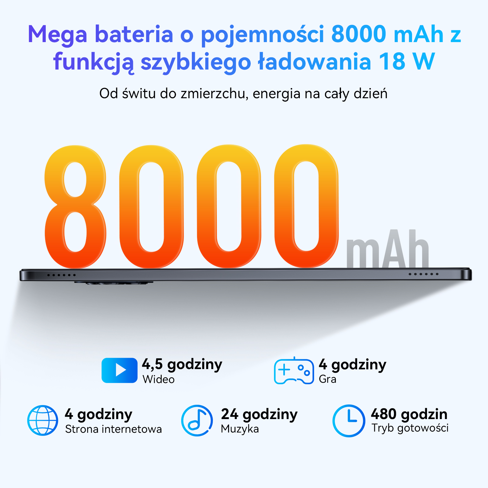 Duży napis 8000 mAh z ikonami wideo, gier, internetu, muzyki i trybu gotowości.