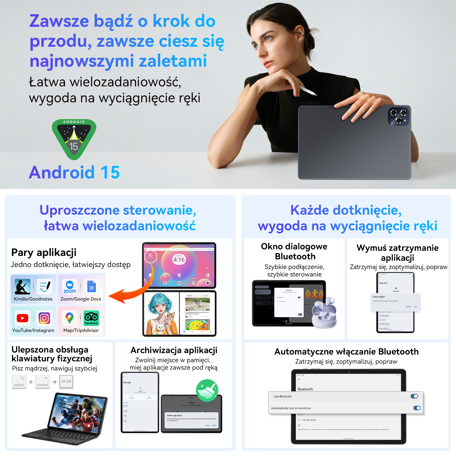 Kobieta z tabletem i rysikiem, logo Android 15, przeglądy aplikacji i funkcje.
