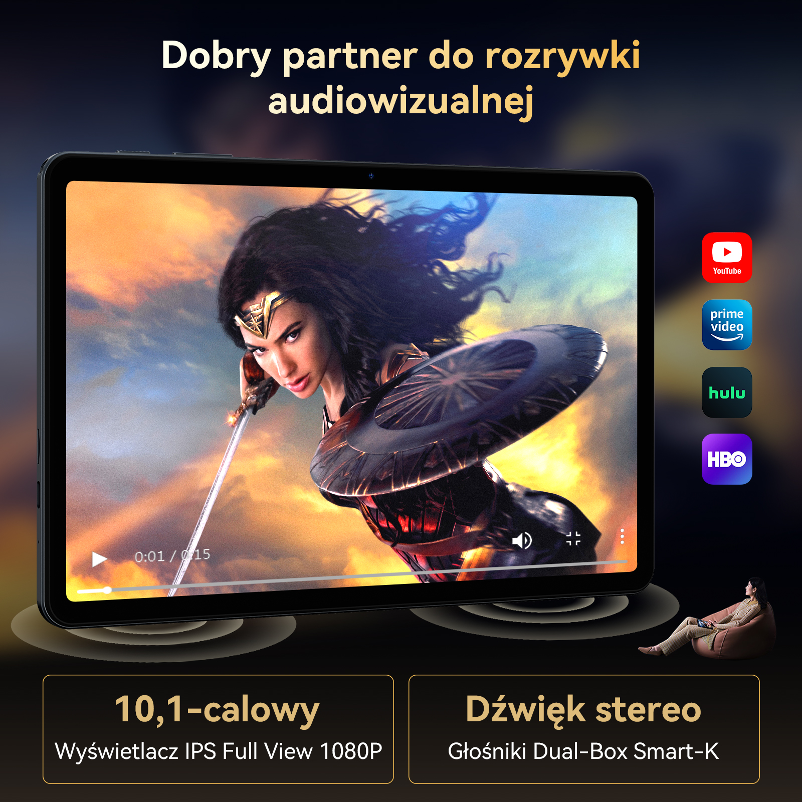 Tablet pokazuje Wonder Woman, z logotypami aplikacji: YouTube, Prime Video, Hulu, HBO.