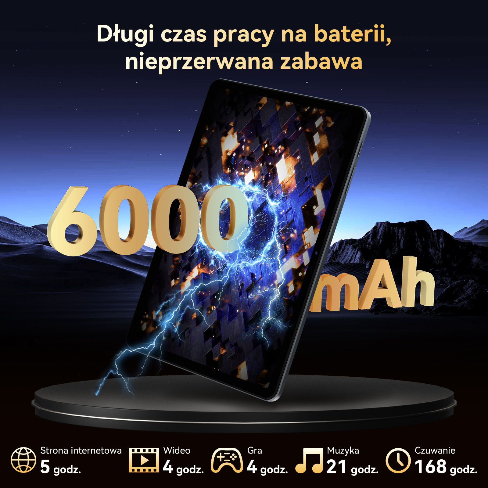 Tablet z baterią 6000 mAh pokazany z efektami błyskawic. Podano czasy użytkowania: internet, wideo, gry.