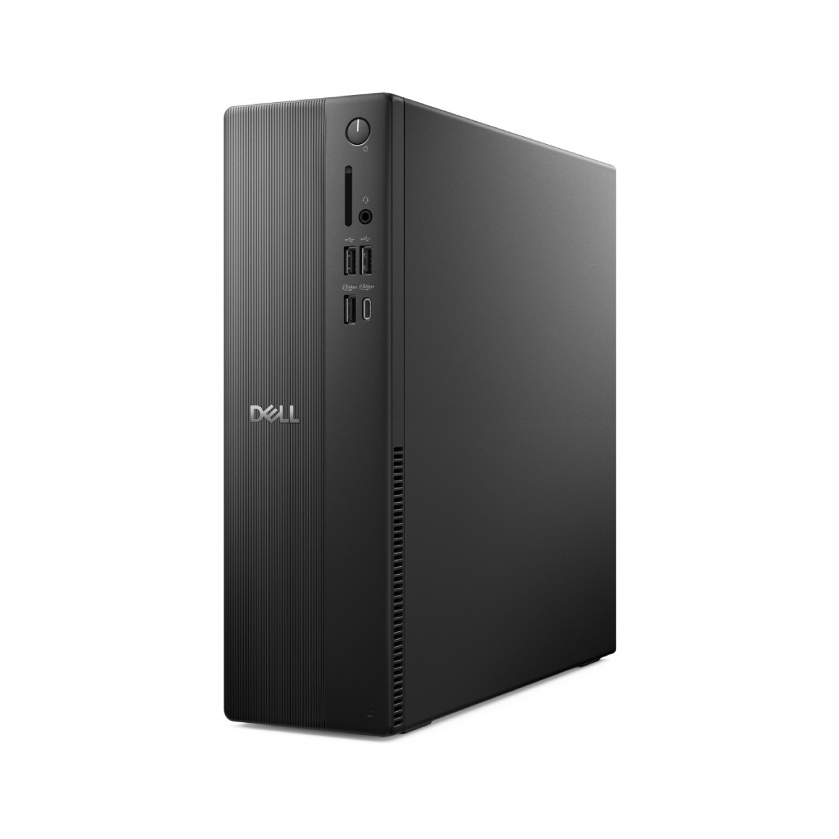 Tower PC Dell nero con scanalature verticali e porte frontali.