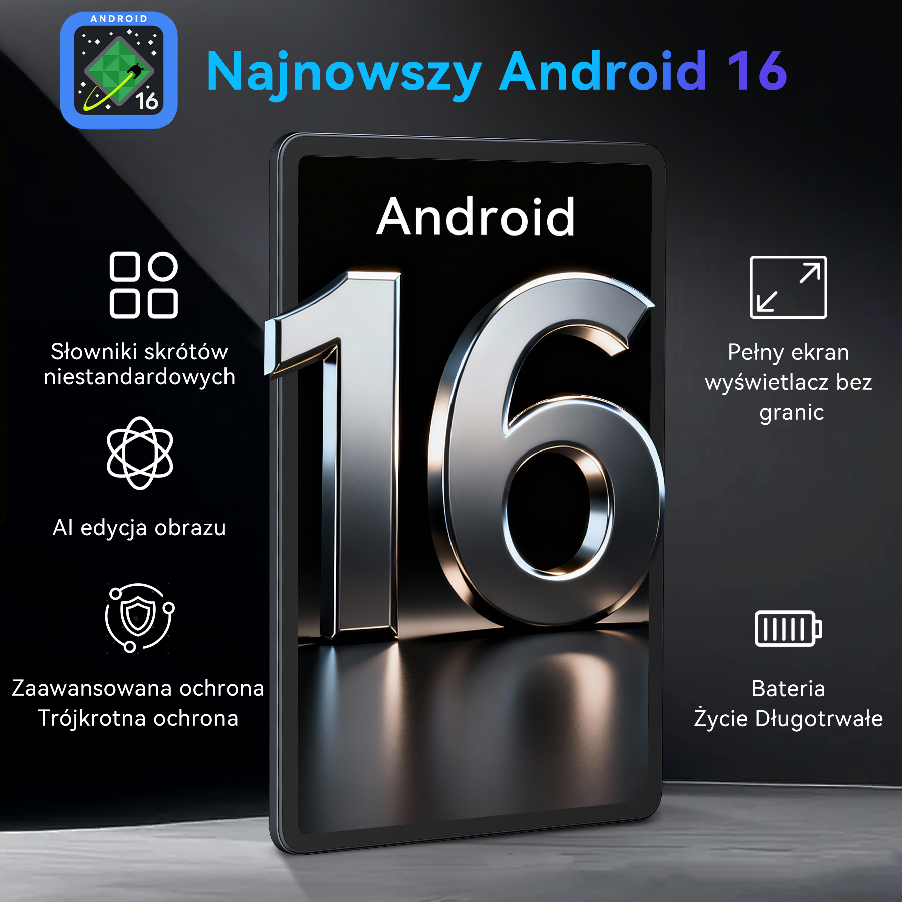 Tablet z systemem Android 16, podkreślający funkcje takie jak edycja obrazu AI i żywotność baterii.