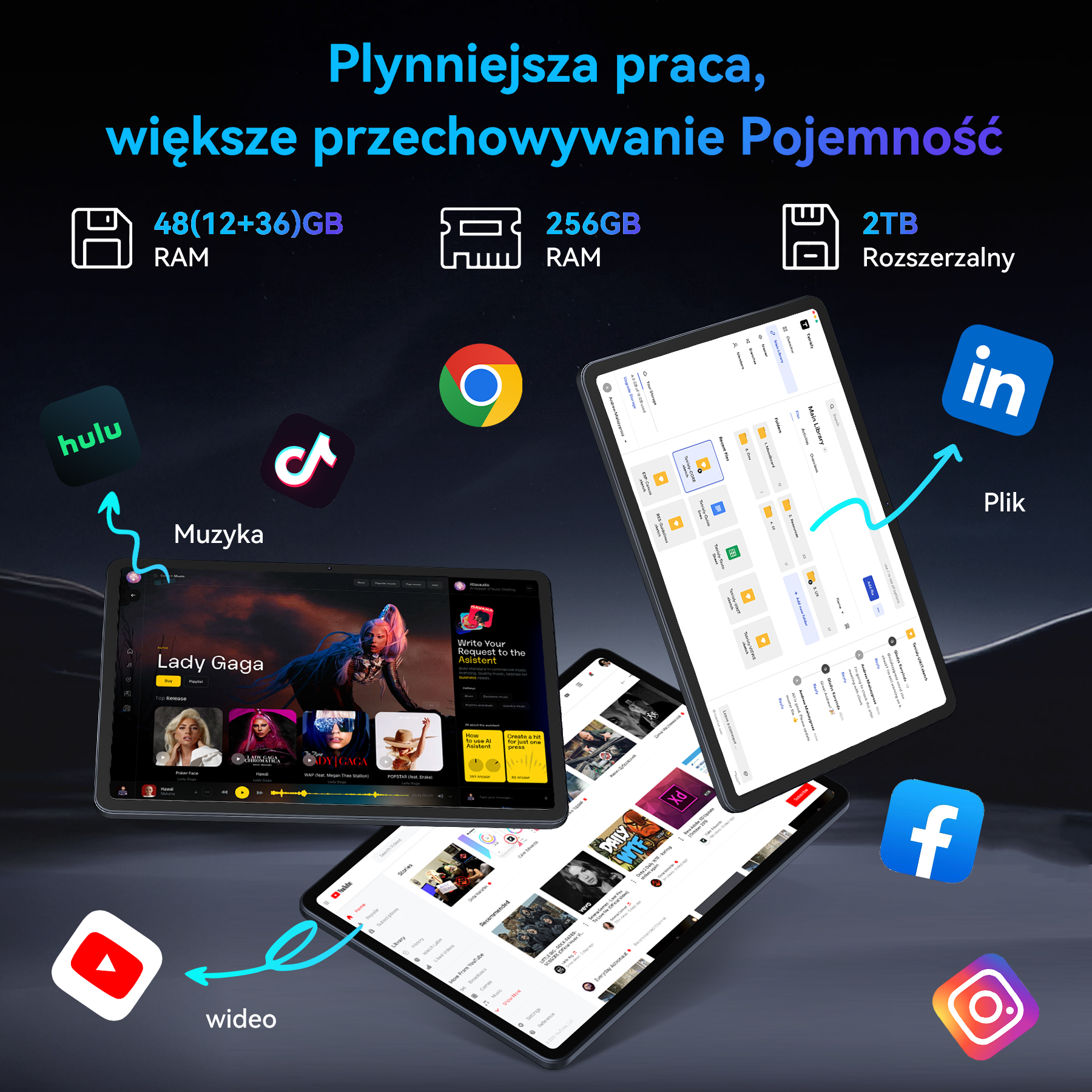 Tablety wyświetlają aplikacje: Hulu, TikTok, Chrome, LinkedIn, YouTube, Facebook, Instagram.