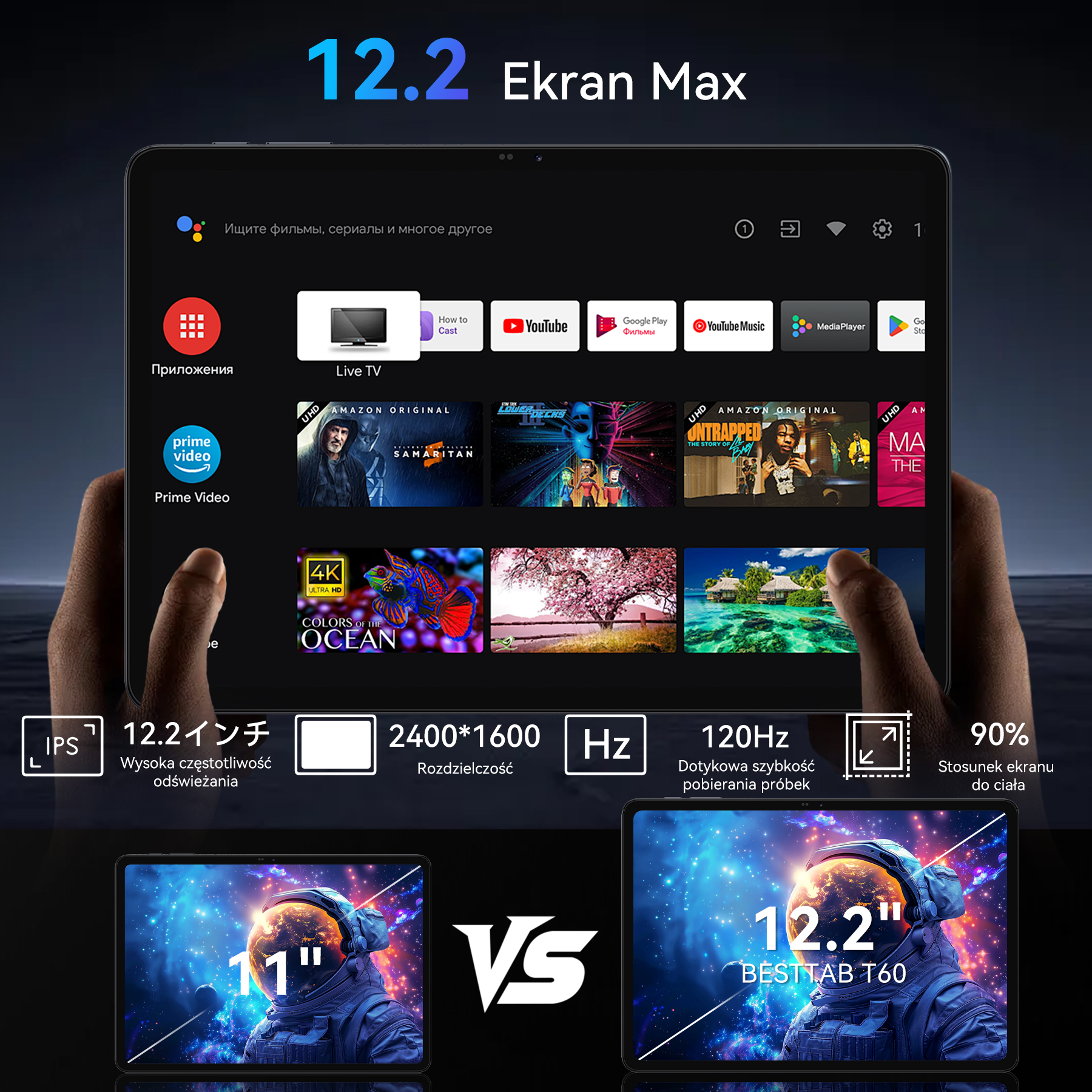 Ekran tabletu z aplikacjami jak Prime Video, YouTube. Specyfikacje: 12,2 cala, 2400x1600, 120Hz.