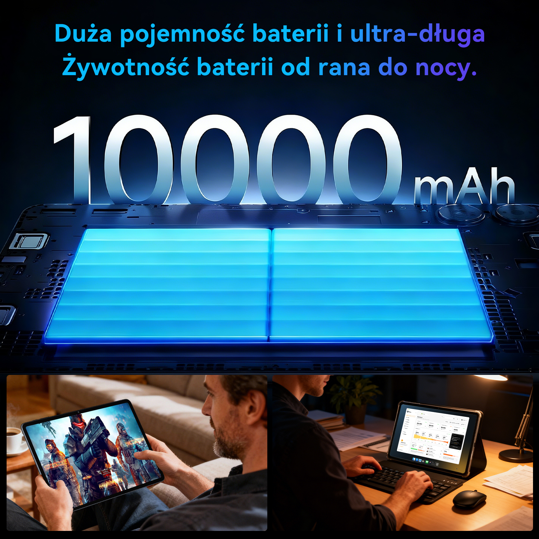Bateria 10000 mAh z niebieskim światłem, dwie osoby używają tabletów.