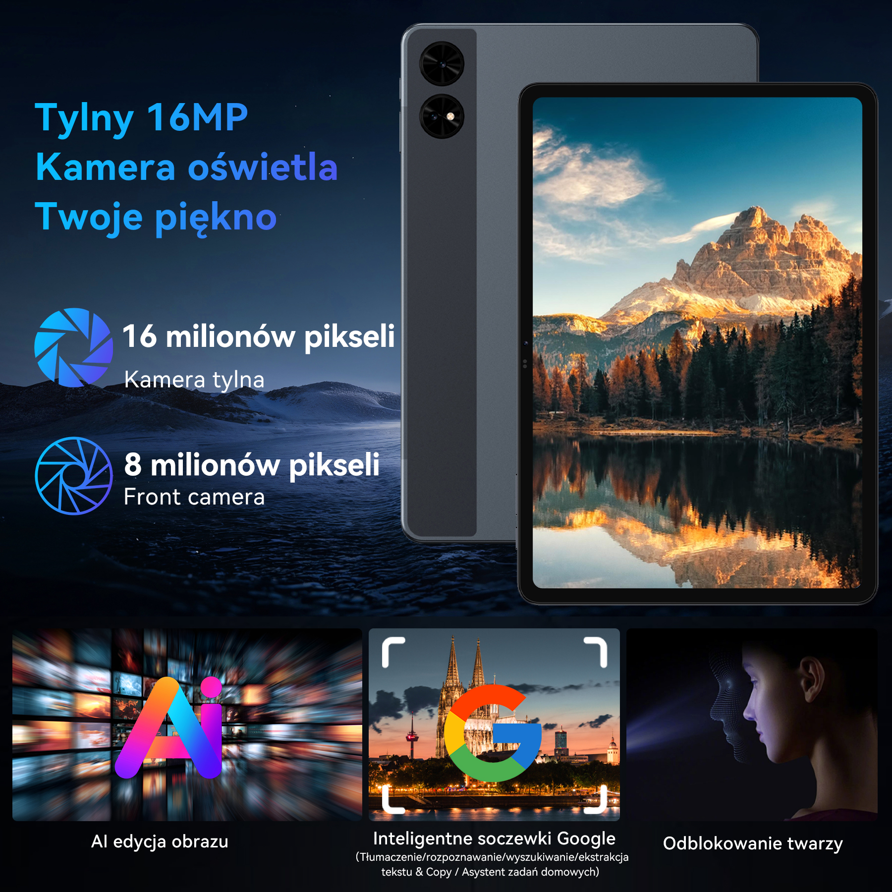 Tablet z krajobrazem górskim na ekranie, aparatami i funkcjami AI.