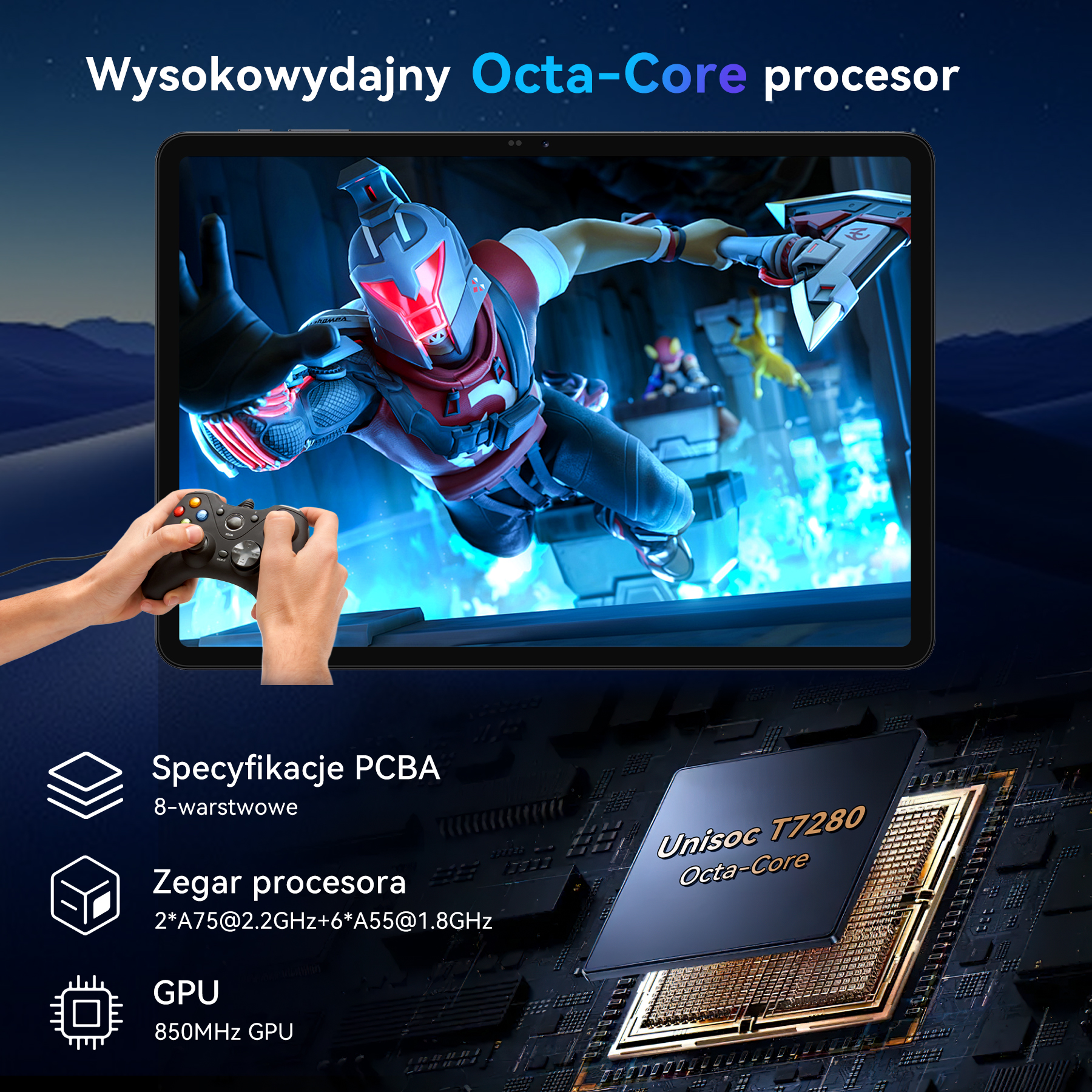 Tablet pokazuje grę wideo ze Űbrojnym graczem. Ręce trzymają kontroler.