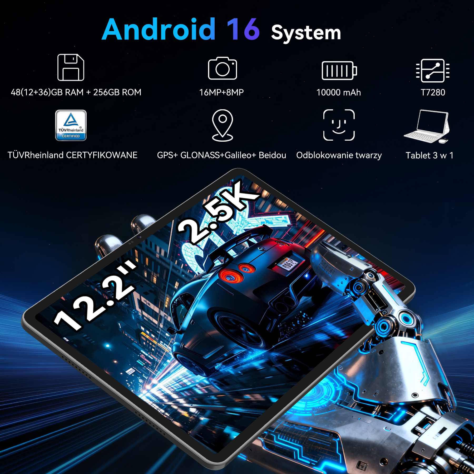 Tablet z systemem Android 16, ekranem 12,2 cala 2,5K, 48 GB RAM, 256 GB ROM, aparatem 16+8 MP, baterią 10000 mAh.