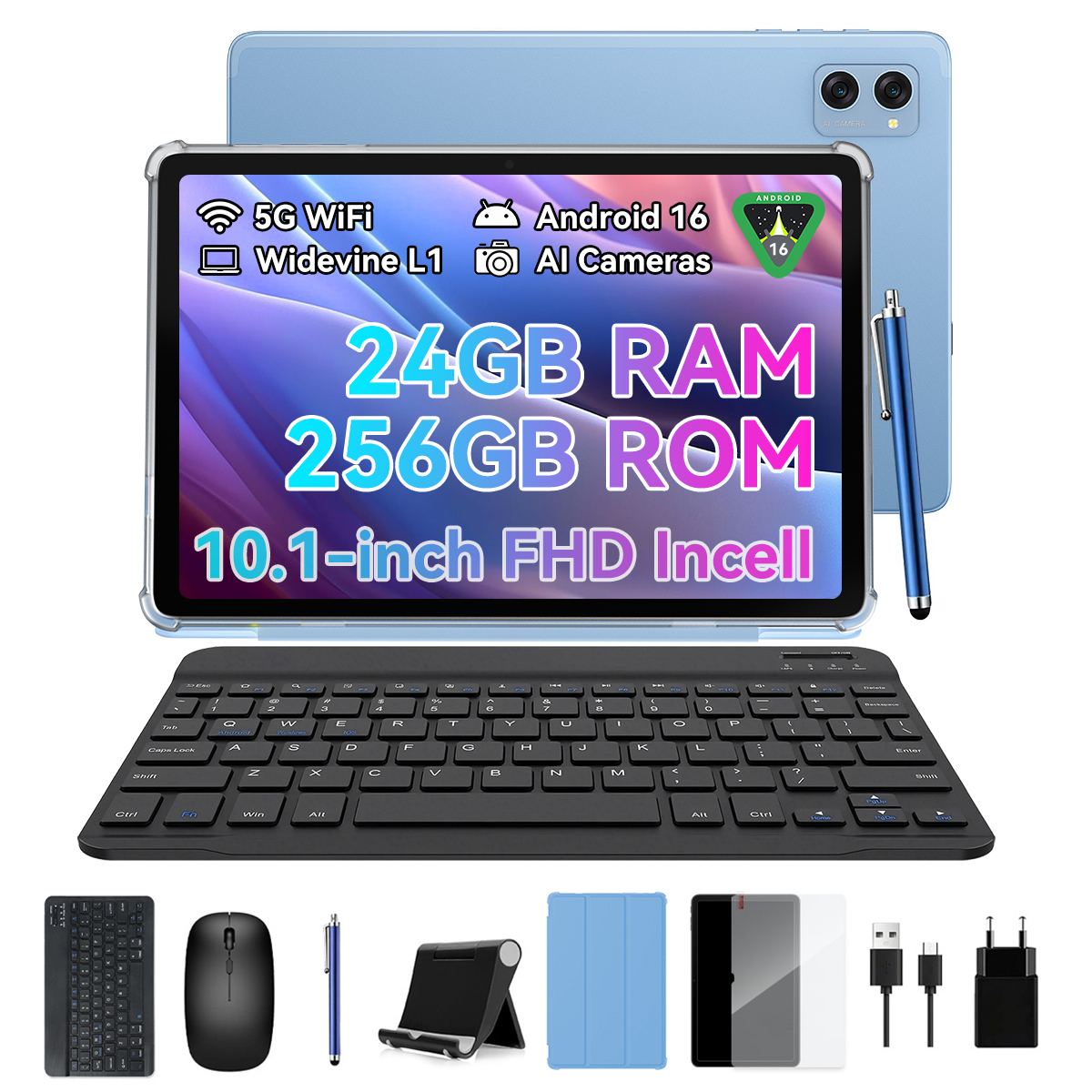 Blauwe tablet met toetsenbord, stylus, muis en accessoires. 24 GB RAM, 256 GB ROM.
