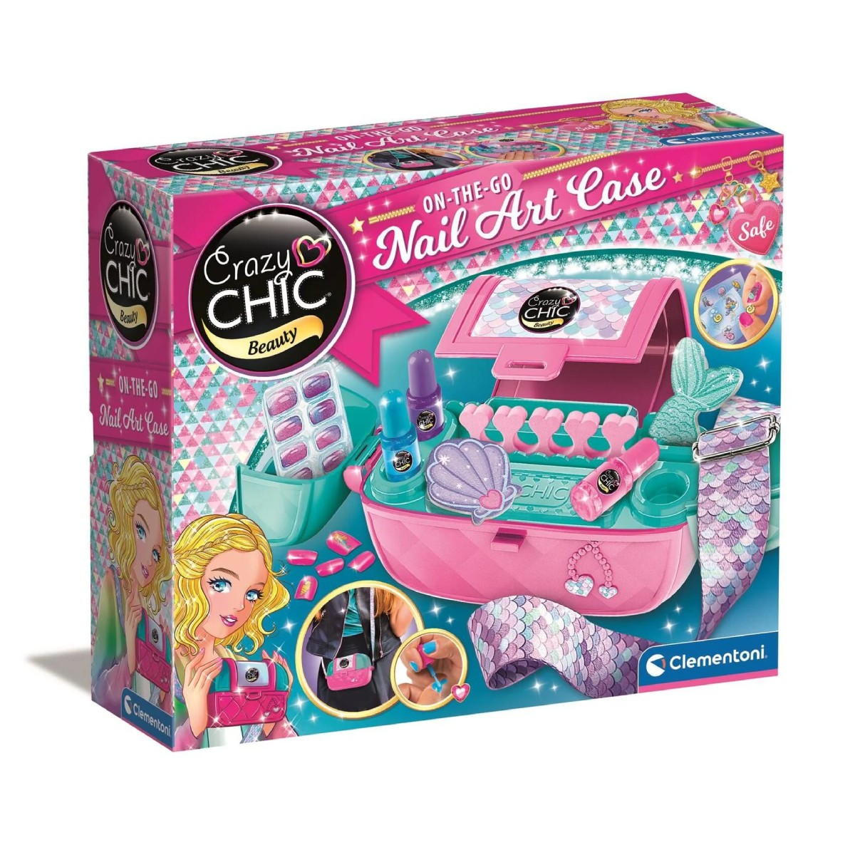 Confezione per un set di nail art con smalto, gioielli e specchio.
